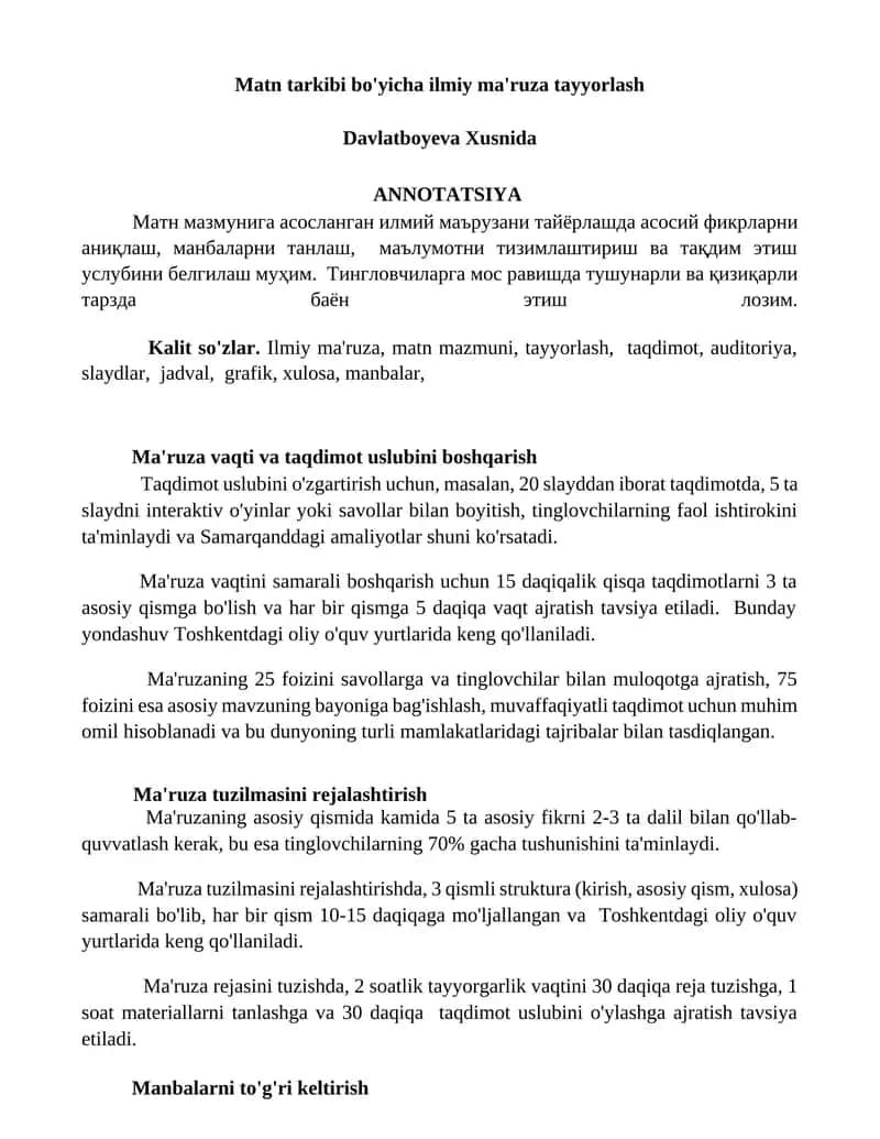 Matn tarkibi bo'yicha ilmiy ma'ruza tayyorlash