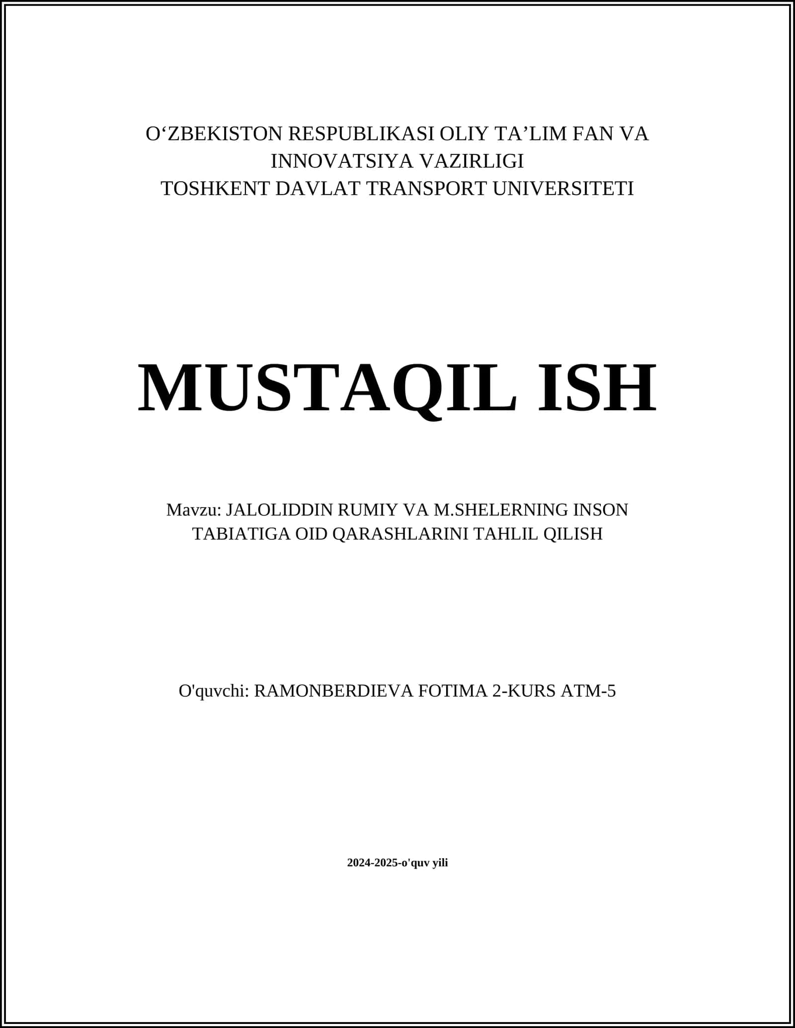 JALOLIDDIN RUMIY VA M.SHELERNING INSON TABIATIGA OID QARASHLARINI TAHLIL QILISH