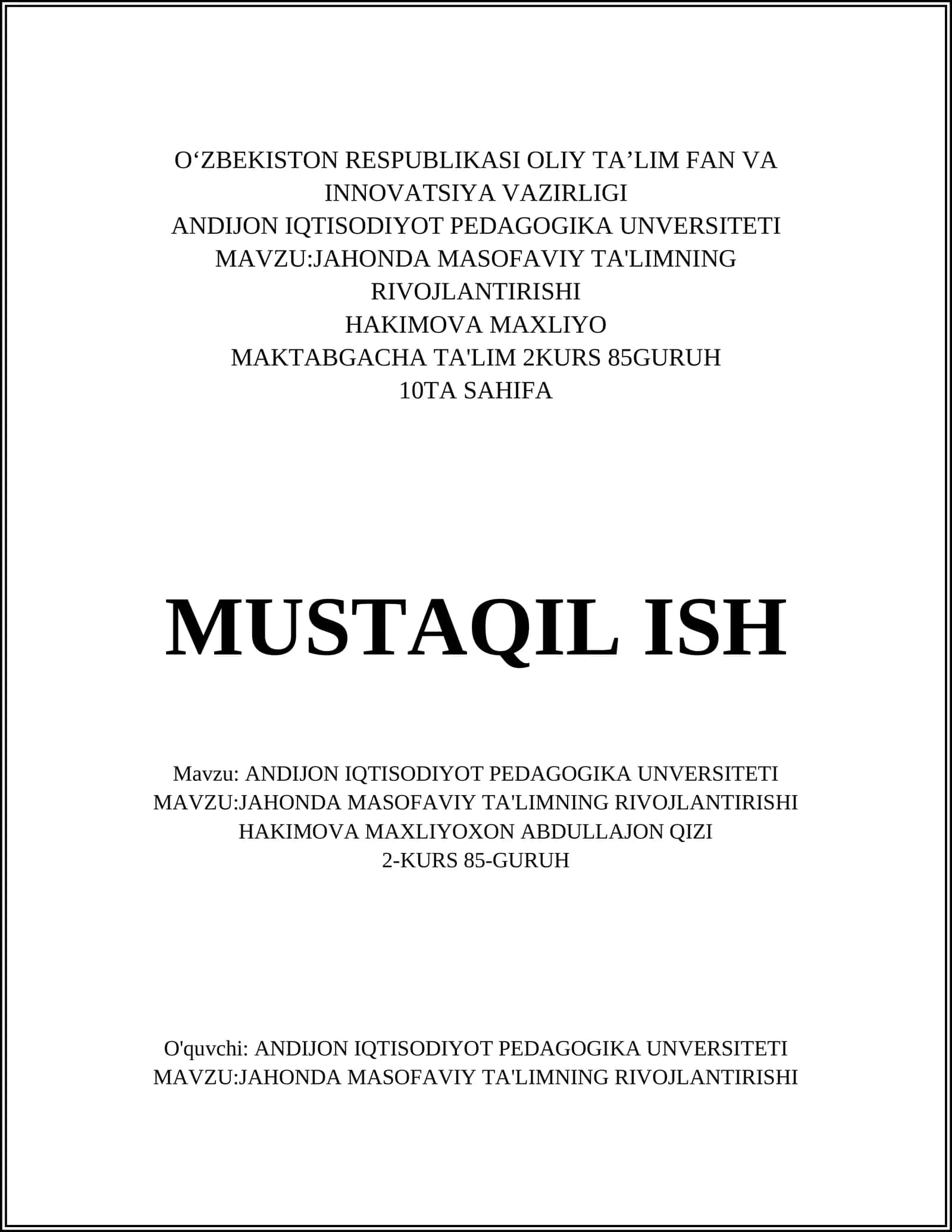 JAHONDA MASOFAVIY TA'LIMNING RIVOJLANTIRISHI