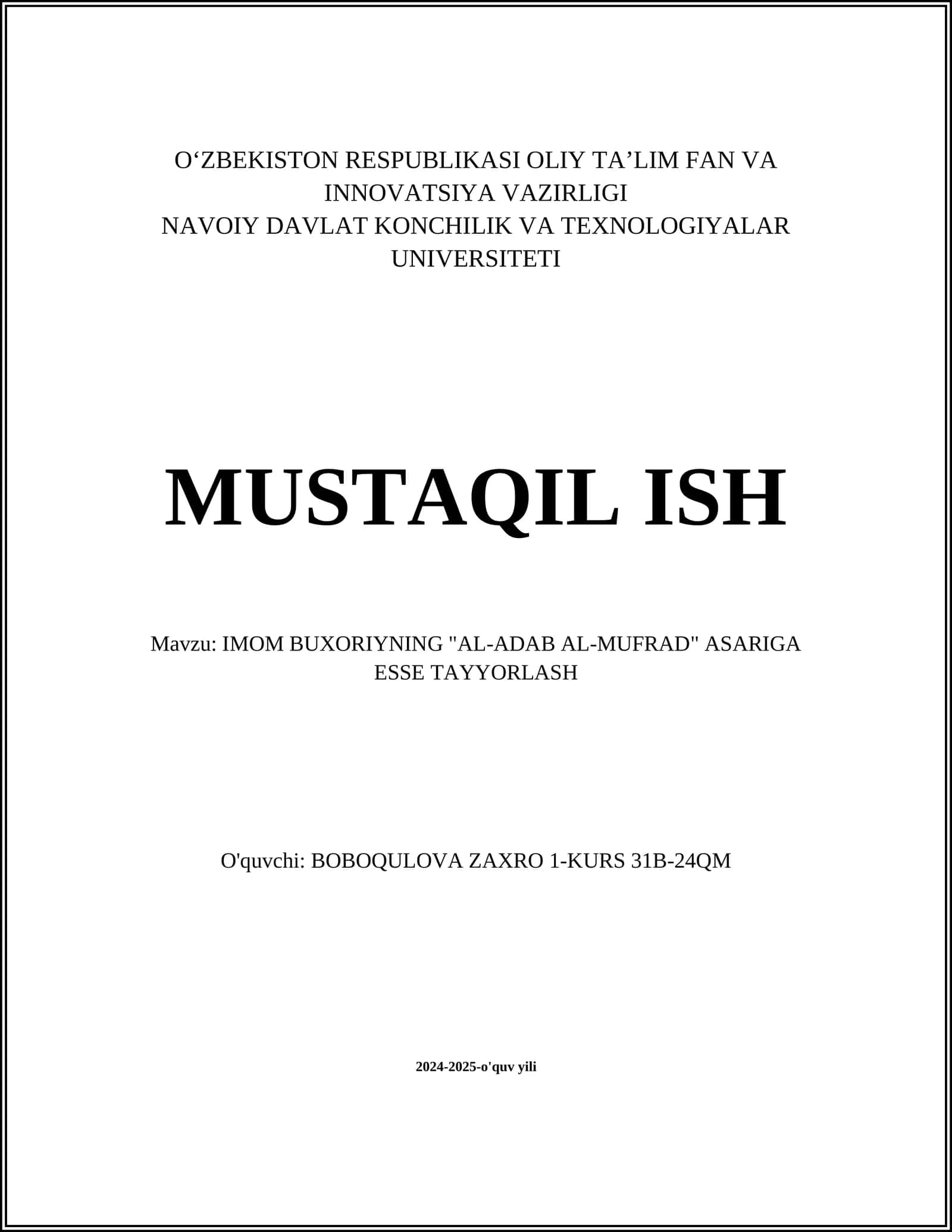IMOM BUXORIYNING "AL-ADAB AL-MUFRAD" ASARIGA ESSE TAYYORLASH