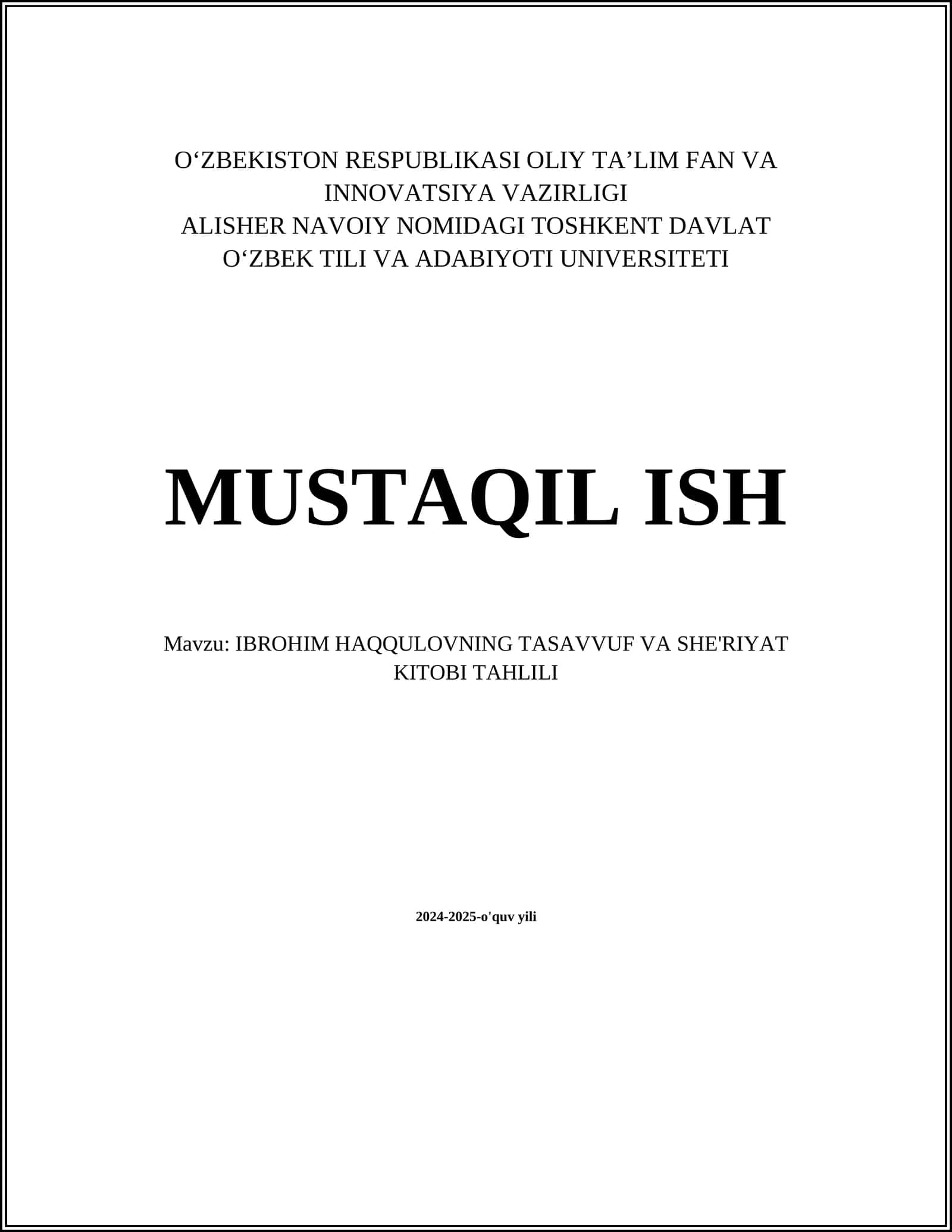 IBROHIM HAQQULOVNING TASAVVUF VA SHE'RIYAT KITOBI TAHLILI
