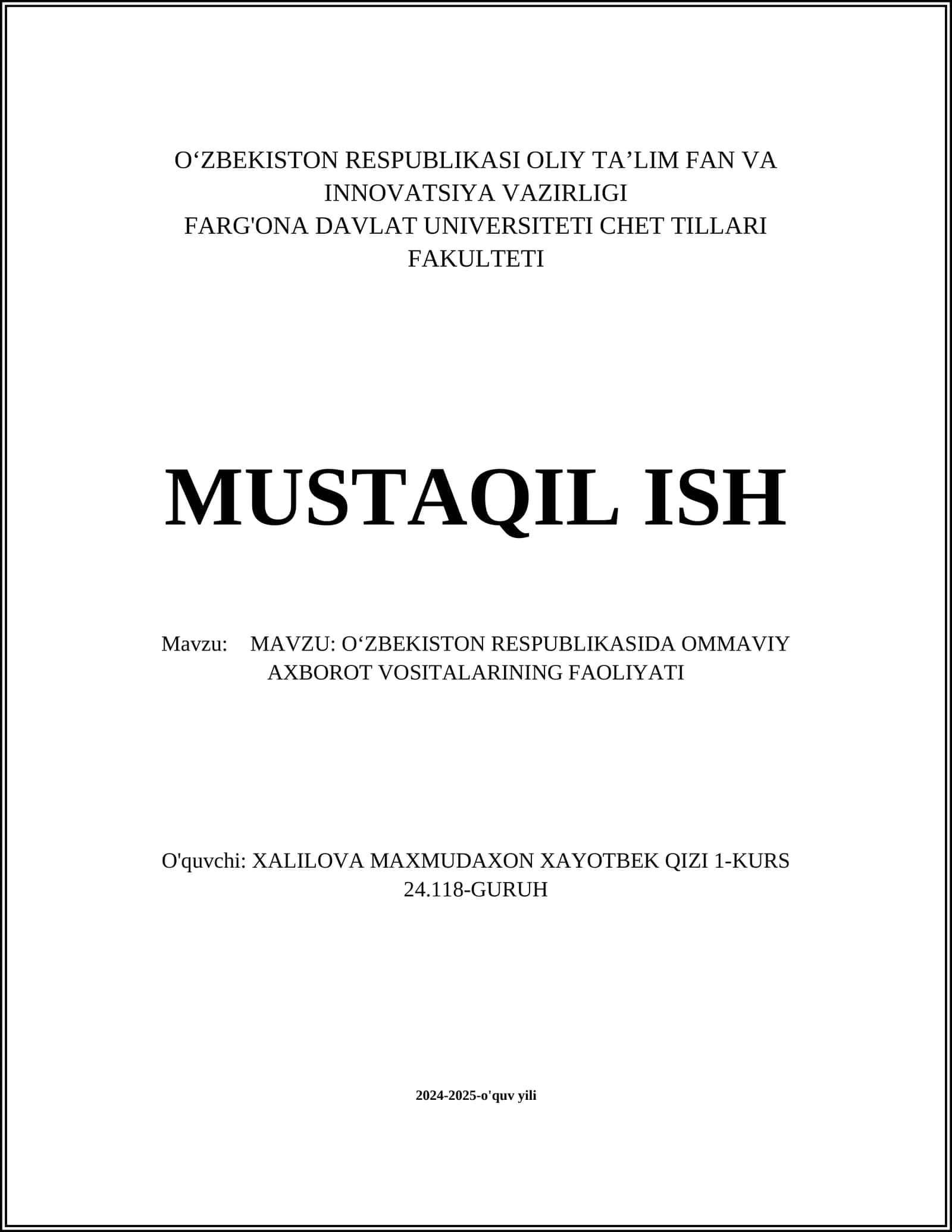 OʻZBEKISTON RESPUBLIKASIDA OMMAVIY AXBOROT VOSITALARINING FAOLIYATI
