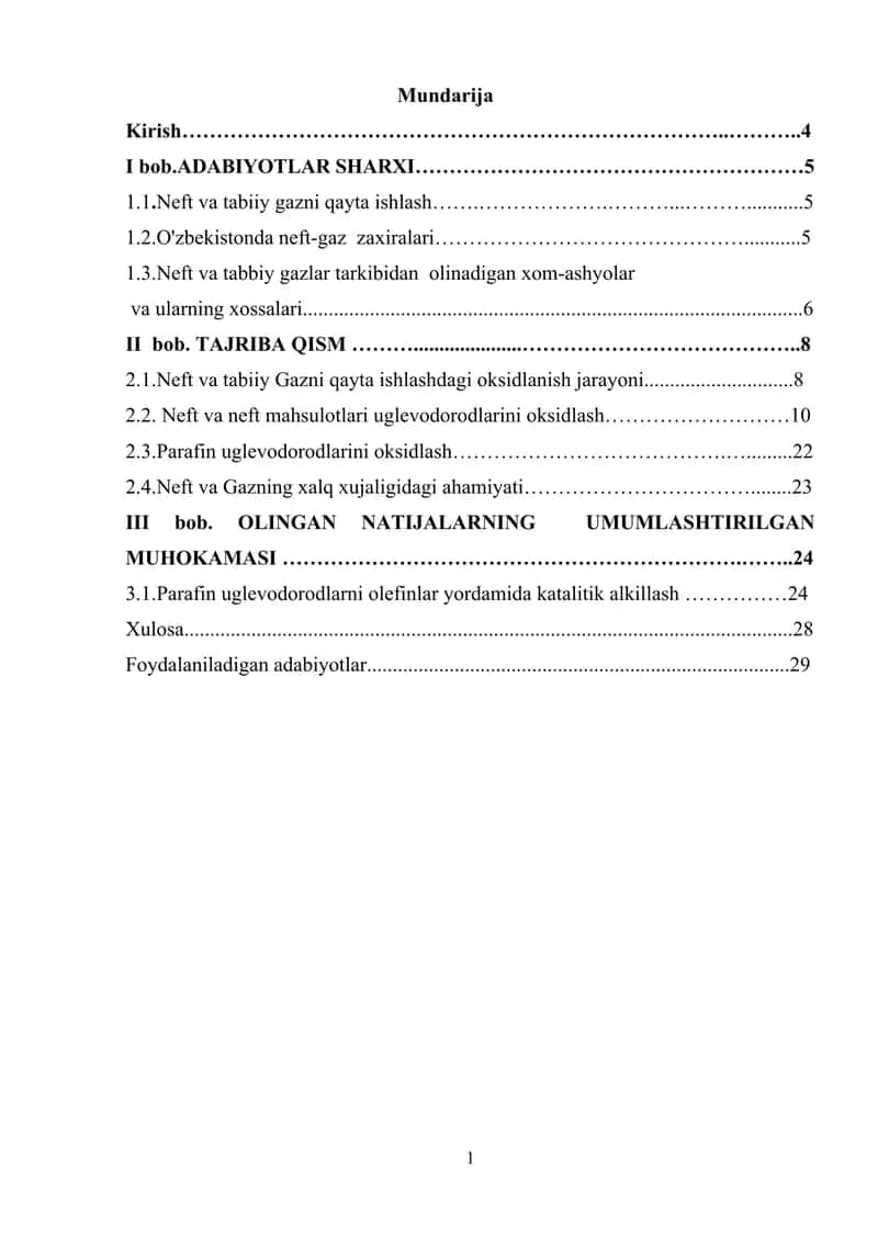 Neft va tabiiy Gazni qayta ishlashdagi oksidlanish jarayoni