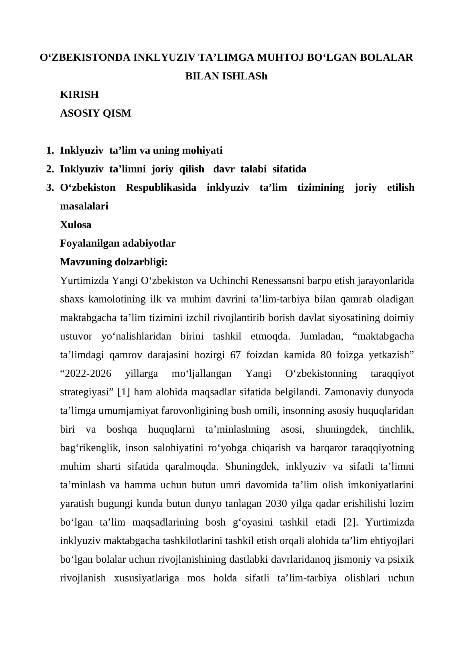 O‘ZBEKISTONDA INKLYUZIV TA’LIMGA MUHTOJ BO‘LGAN BOLALAR BILAN ISHLASh