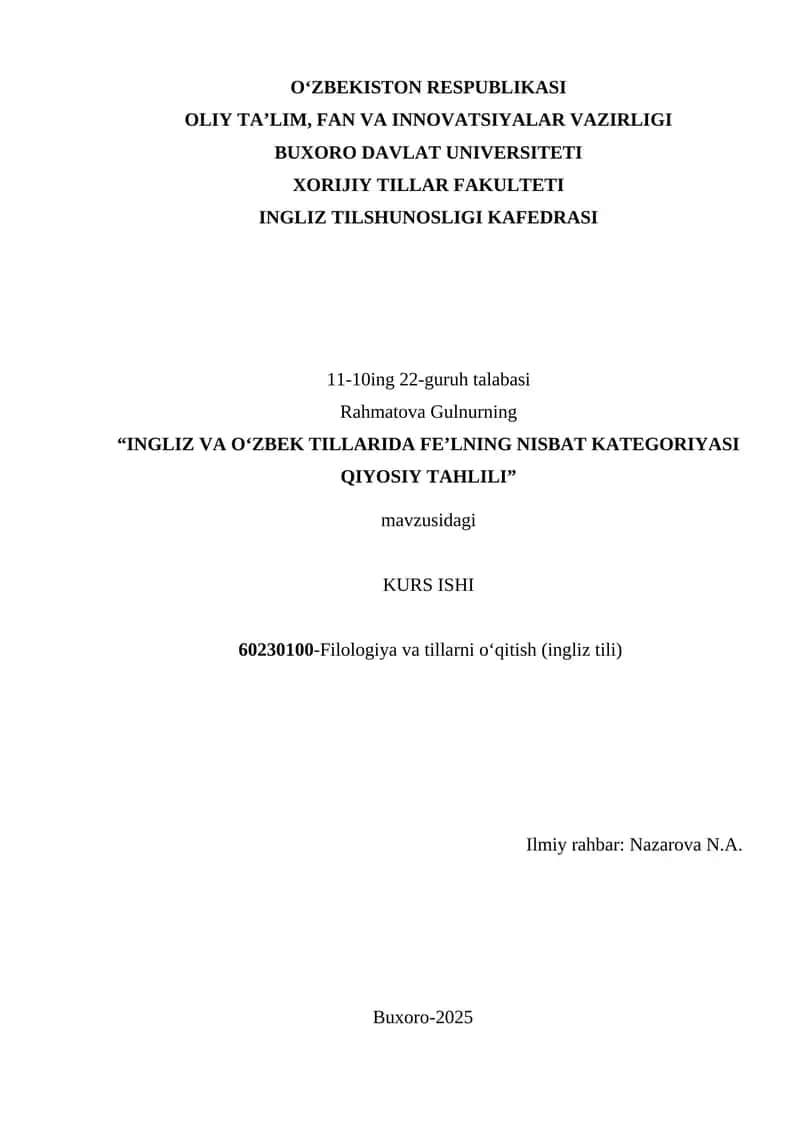 INGLIZ VA O‘ZBEK TILLARIDA FE’LNING NISBAT KATEGORIYASI QIYOSIY TAHLILI