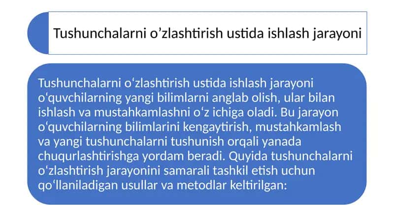 Tushunchalarni o’zlashtirish ustida ishlash jarayoni