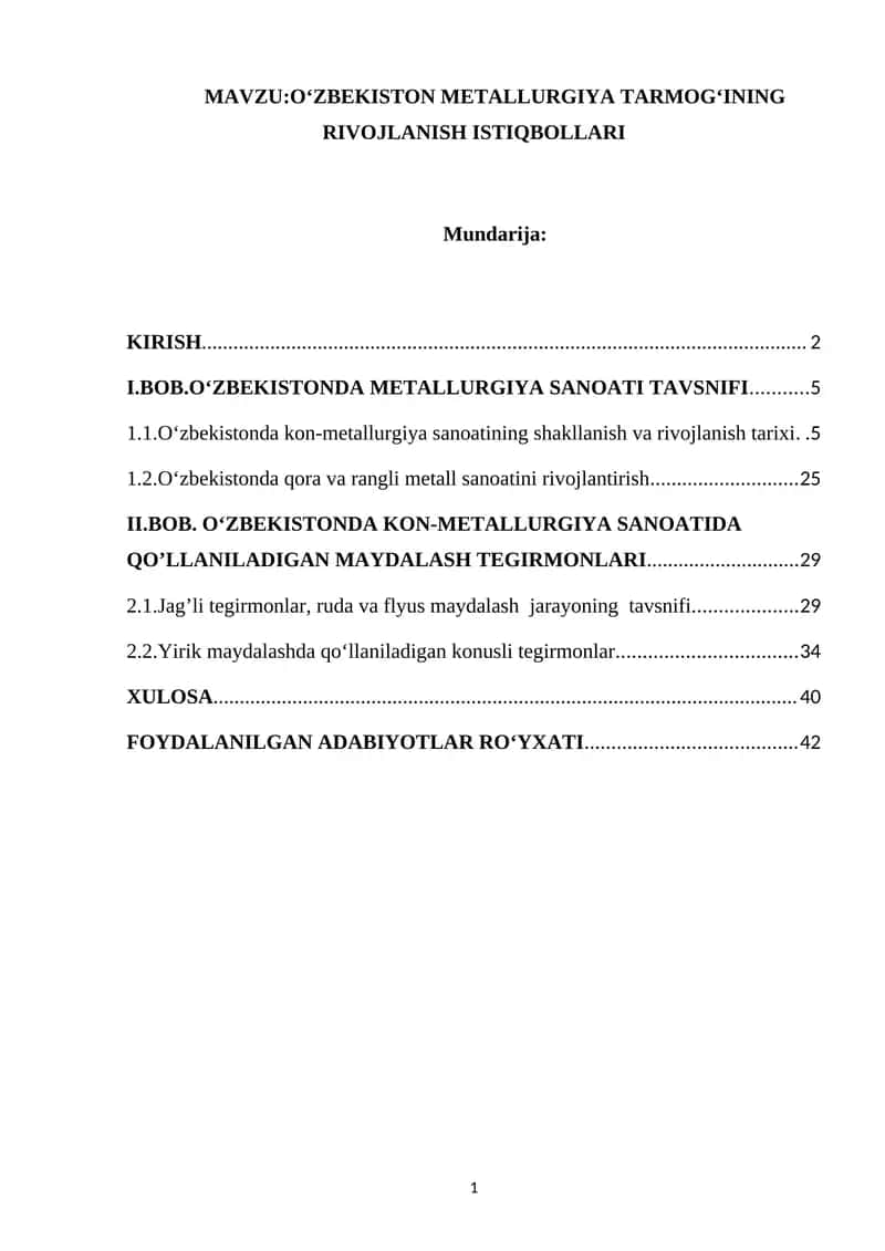 O‘zbekiston metallurgiya tarmog‘ining rivojlanish istiqbollari