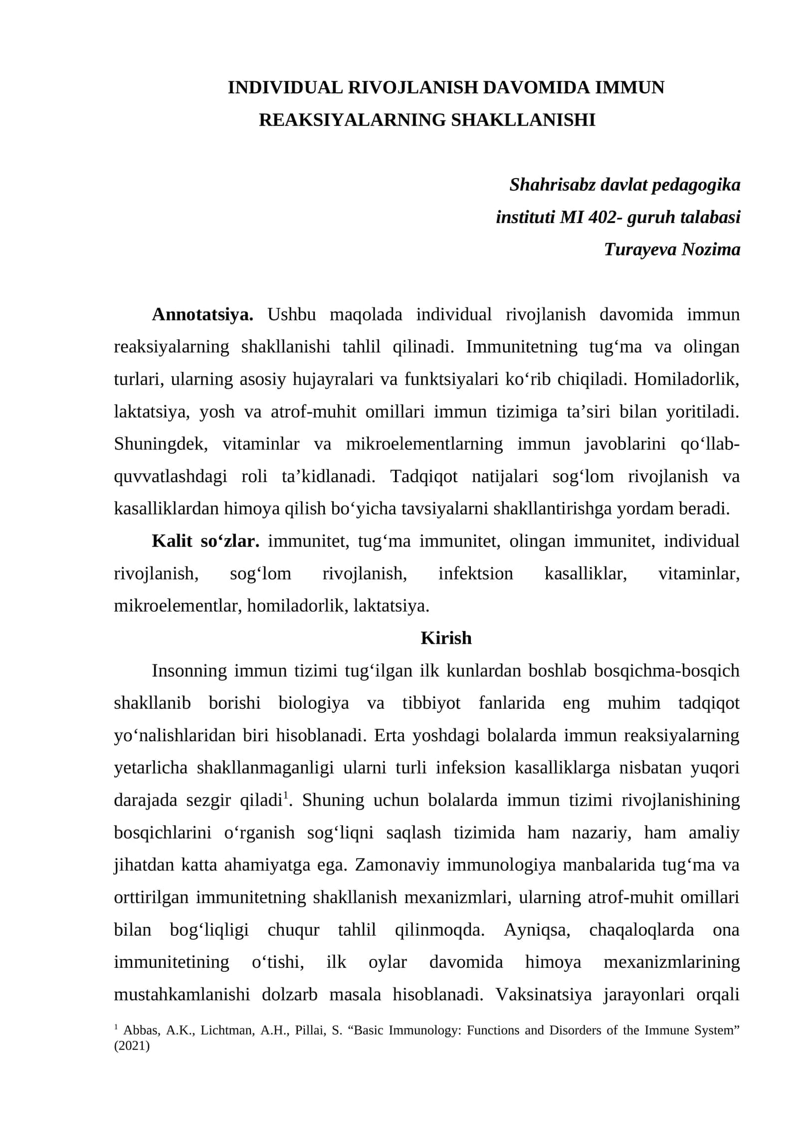 INDIVIDUAL RIVOJLANISH DAVOMIDA IMMUN REAKSIYALARNING SHAKLLANISHI