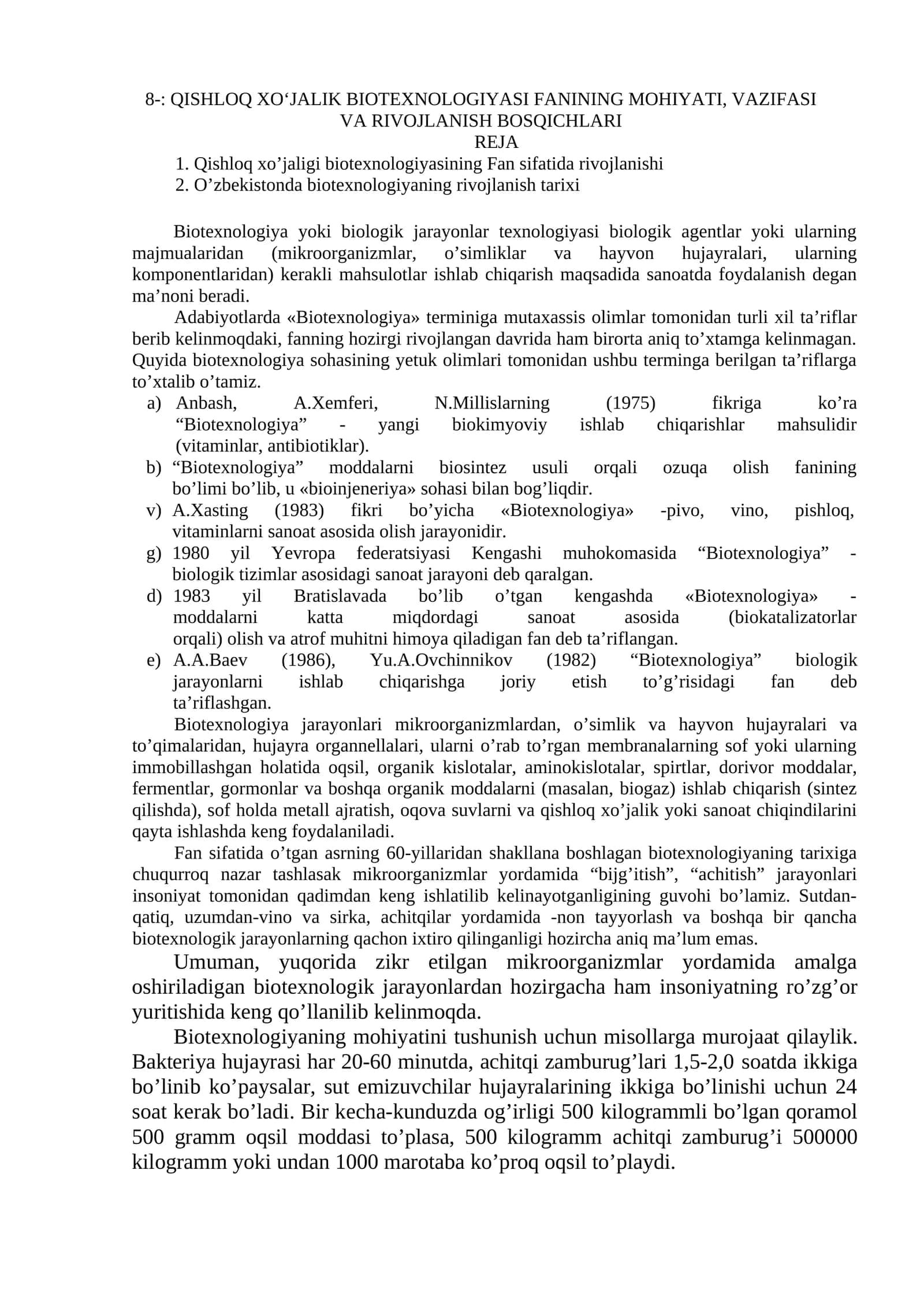 QISHLOQ XO‘JALIK BIOTEXNOLOGIYASI FANINING MOHIYATI, VAZIFASI VA RIVOJLANISH BOSQICHLARI