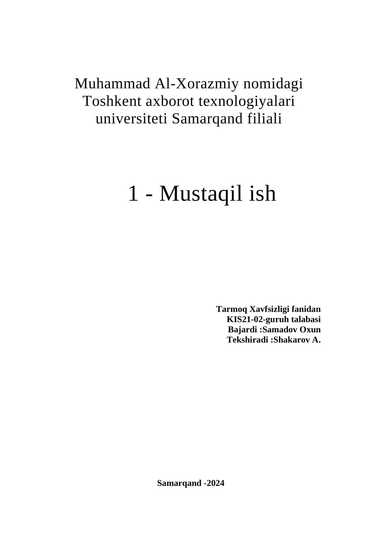 Tarmoq Xavfsizligi fanidan