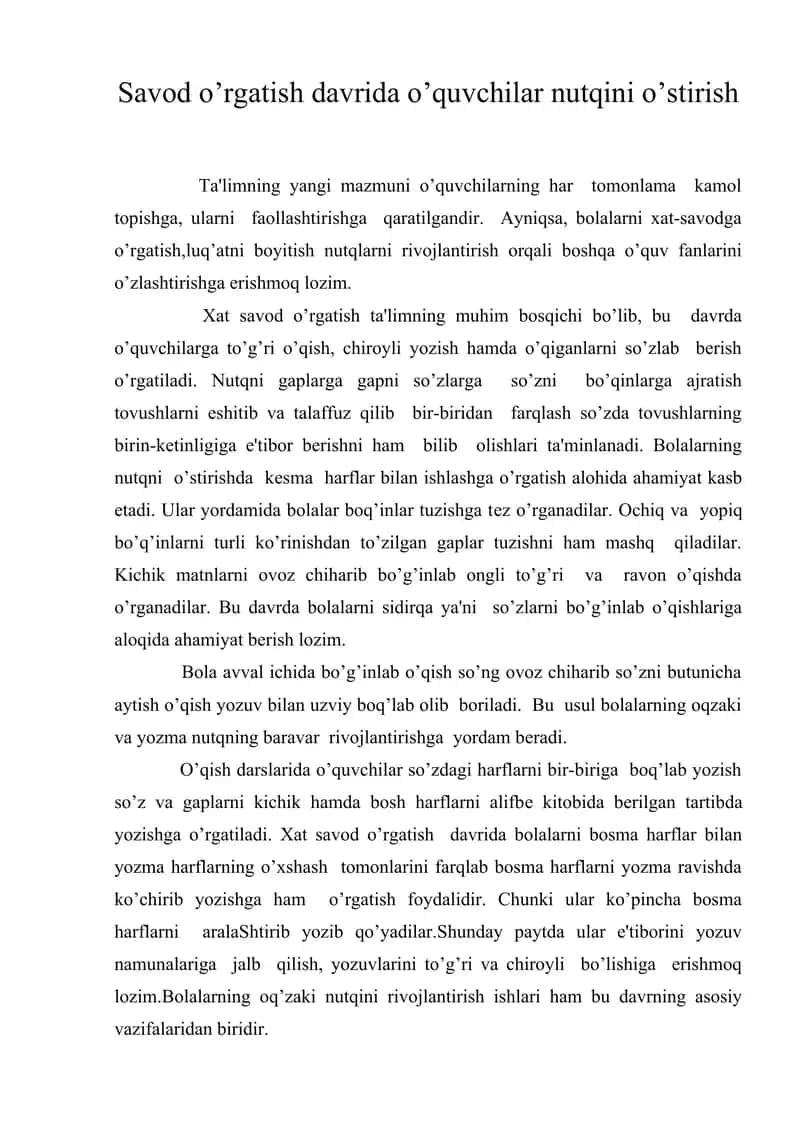 Savod o’rgatish davrida o’quvchilar nutqini o’stirish