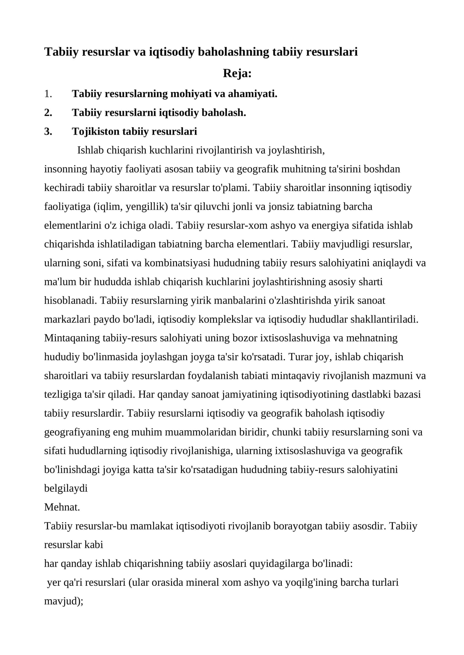 Tabiiy Resurslar va Iqtisodiy Baholashning Tabiiy Resurslari