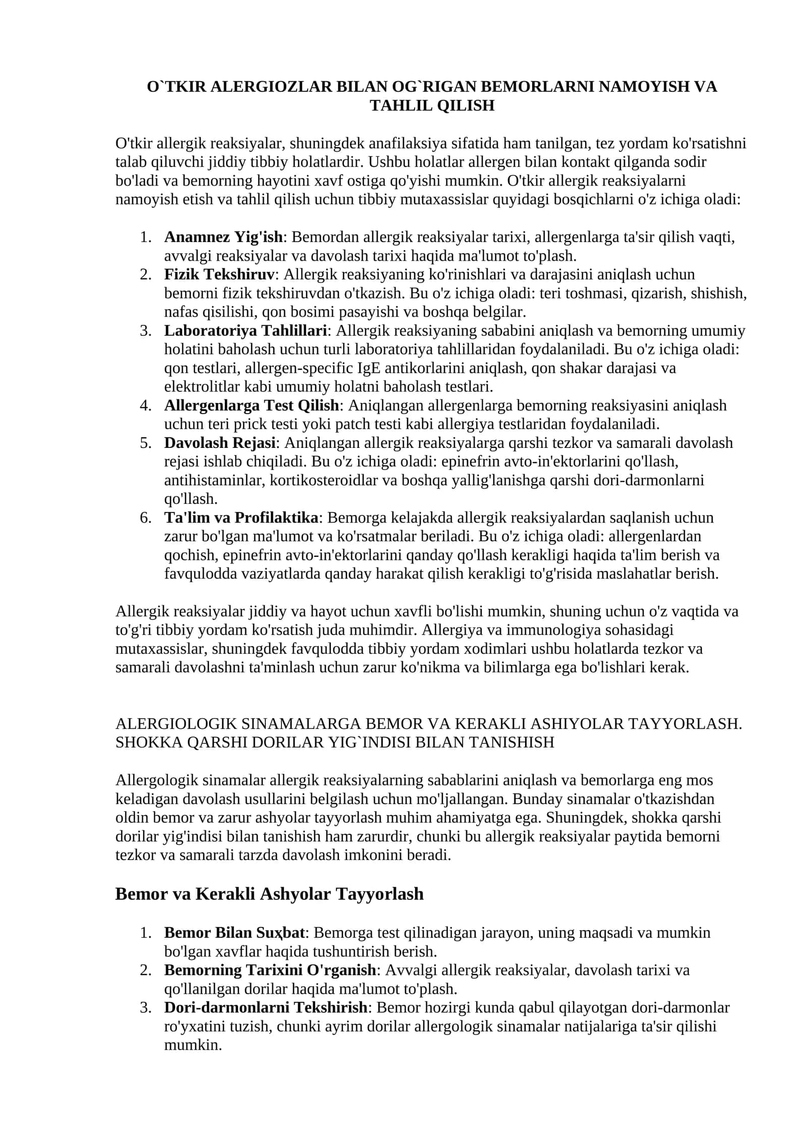 O'tkir allergik reaksiyalarni namoyish va tahlil qilish