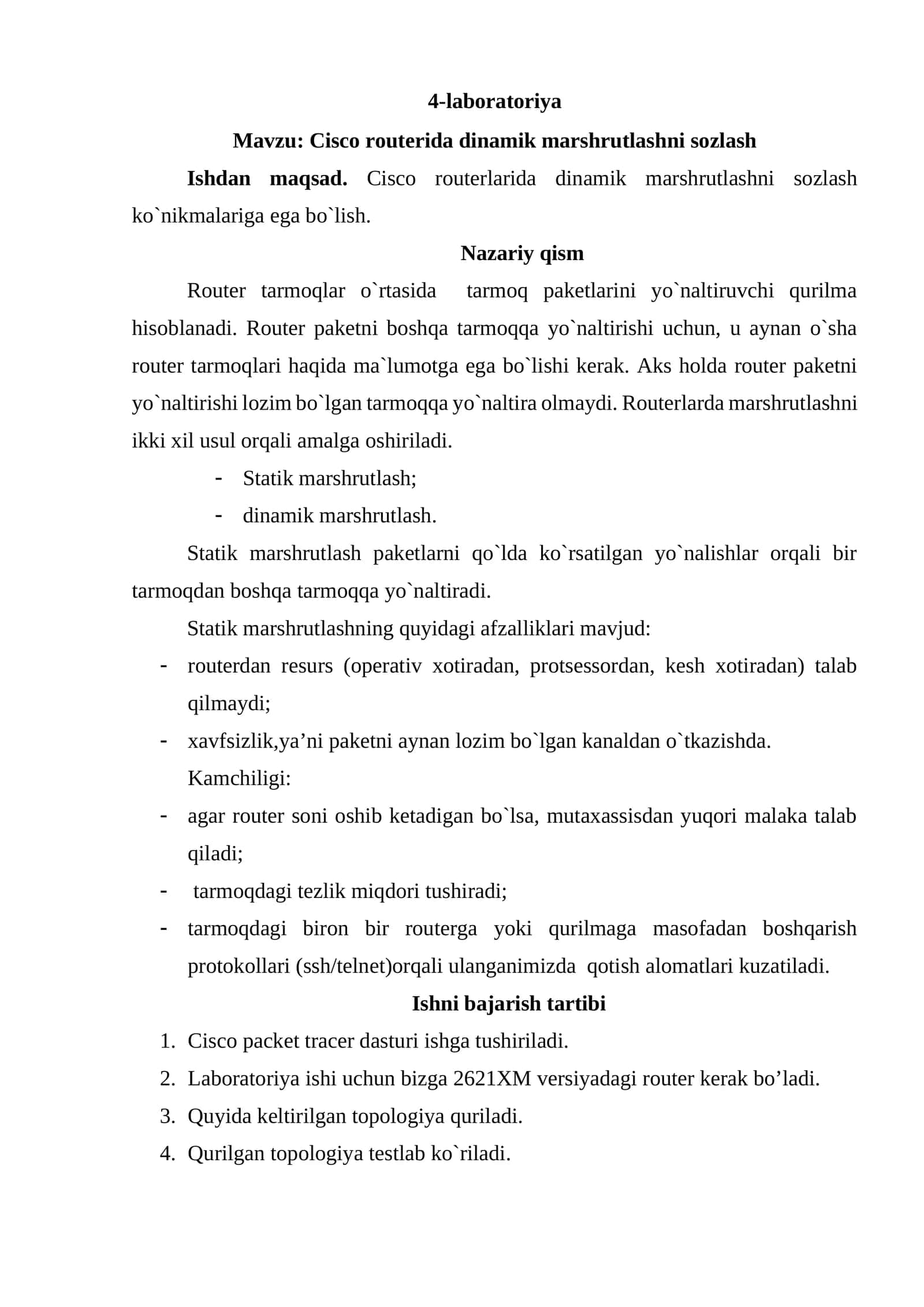 Cisco routerida dinamik marshrutlashni sozlash