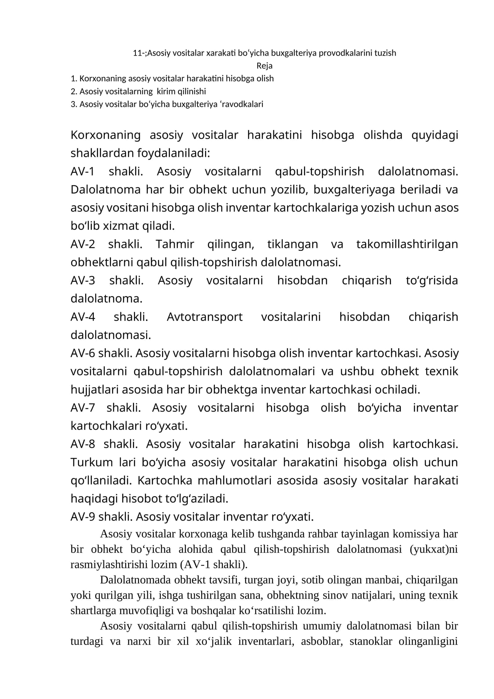 Asosiy vositalar xarakati bo‘yicha buxgalteriya provodkalarini tuzish