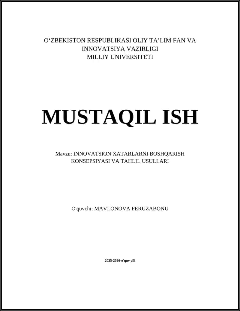 INNOVATSION XATARLARNI BOSHQARISH KONSEPSIYASI VA TAHLIL USULLARI
