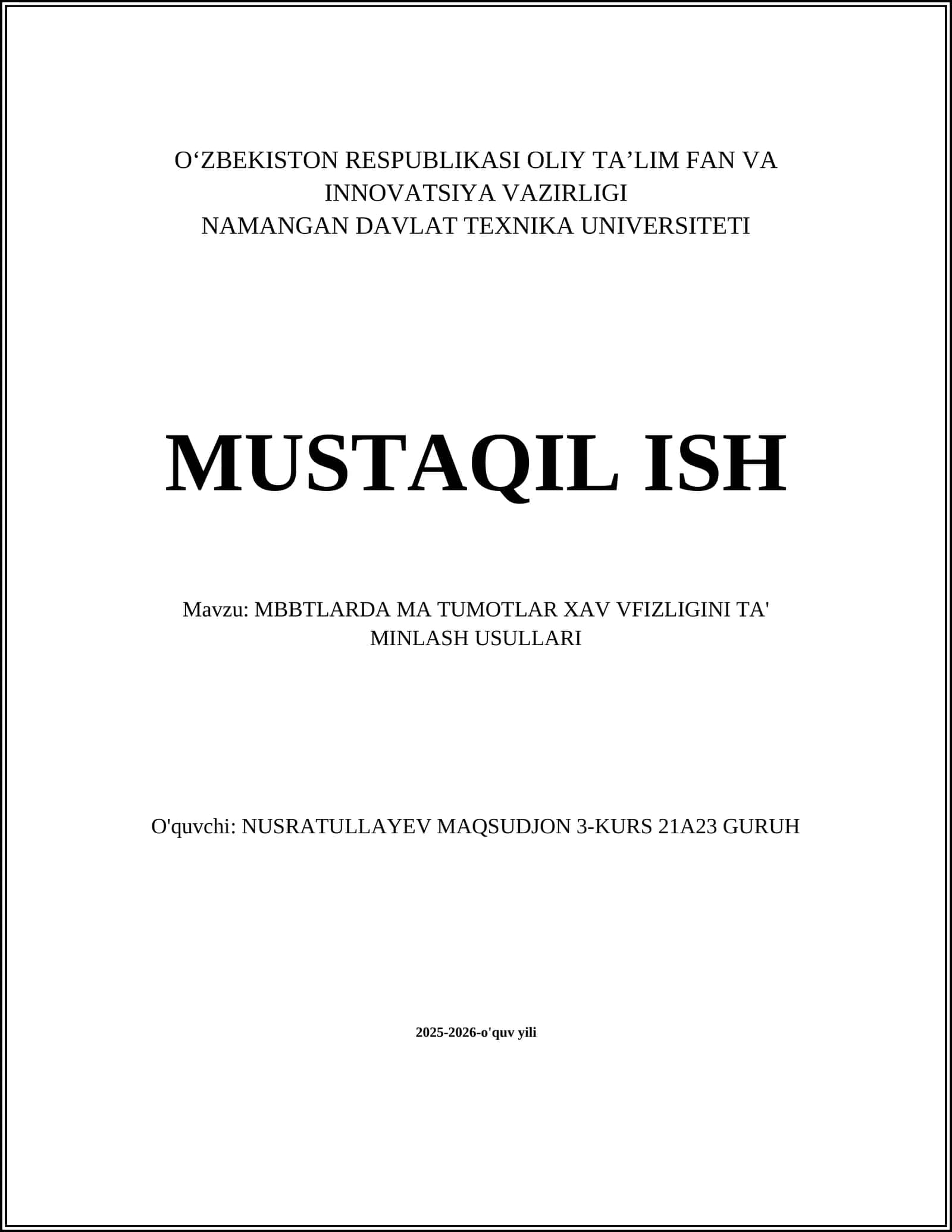MBBTLARDA MA'TUMOTLAR XAVFIZLIGINI TA'MINLASH USULLARI