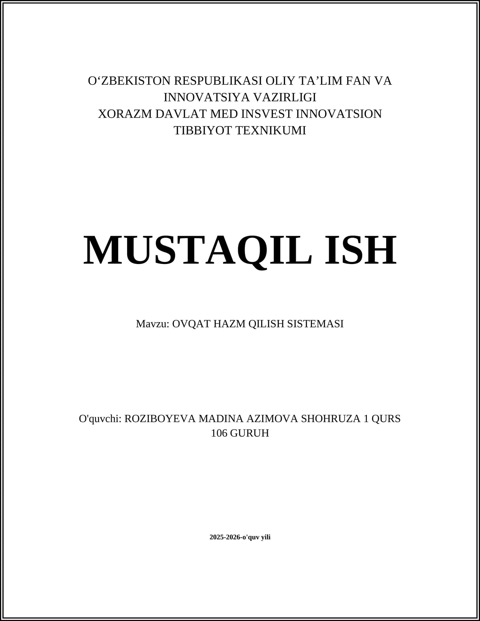 OVQAT HAZM QILISH SISTEMASI