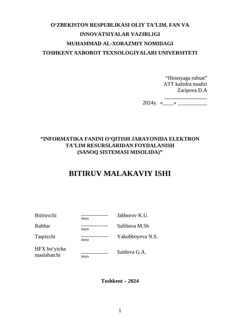 Informatika Fanini O‘qitish Jarayonida Elektron Ta’lim Resurslaridan Foydalanish Diplom ishi