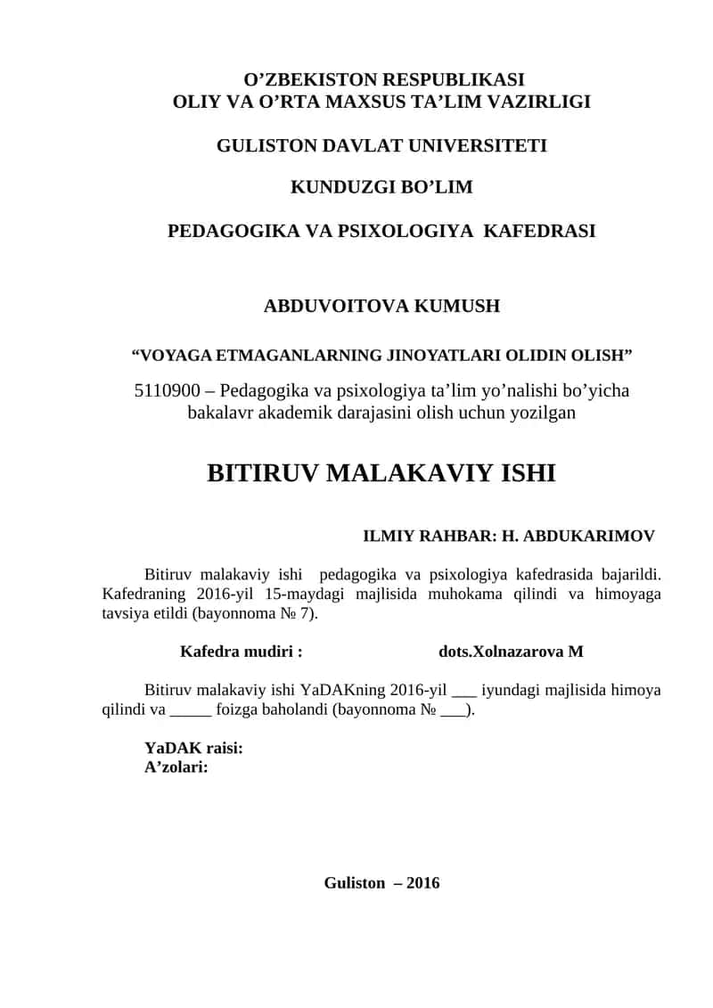 VOYaGA ETMAGANLARNING JINOYaTLARI olidin olish