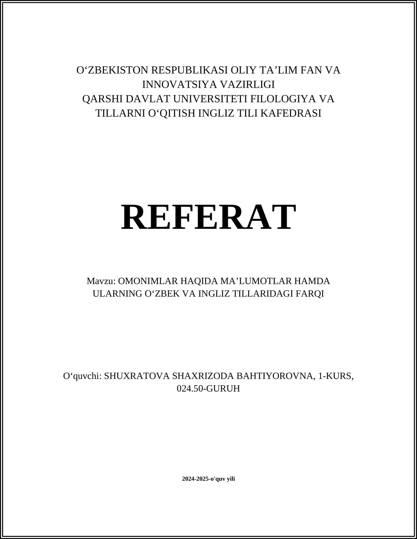 OʻMONIMLAR HAQIDA MAʼLUMOTLAR