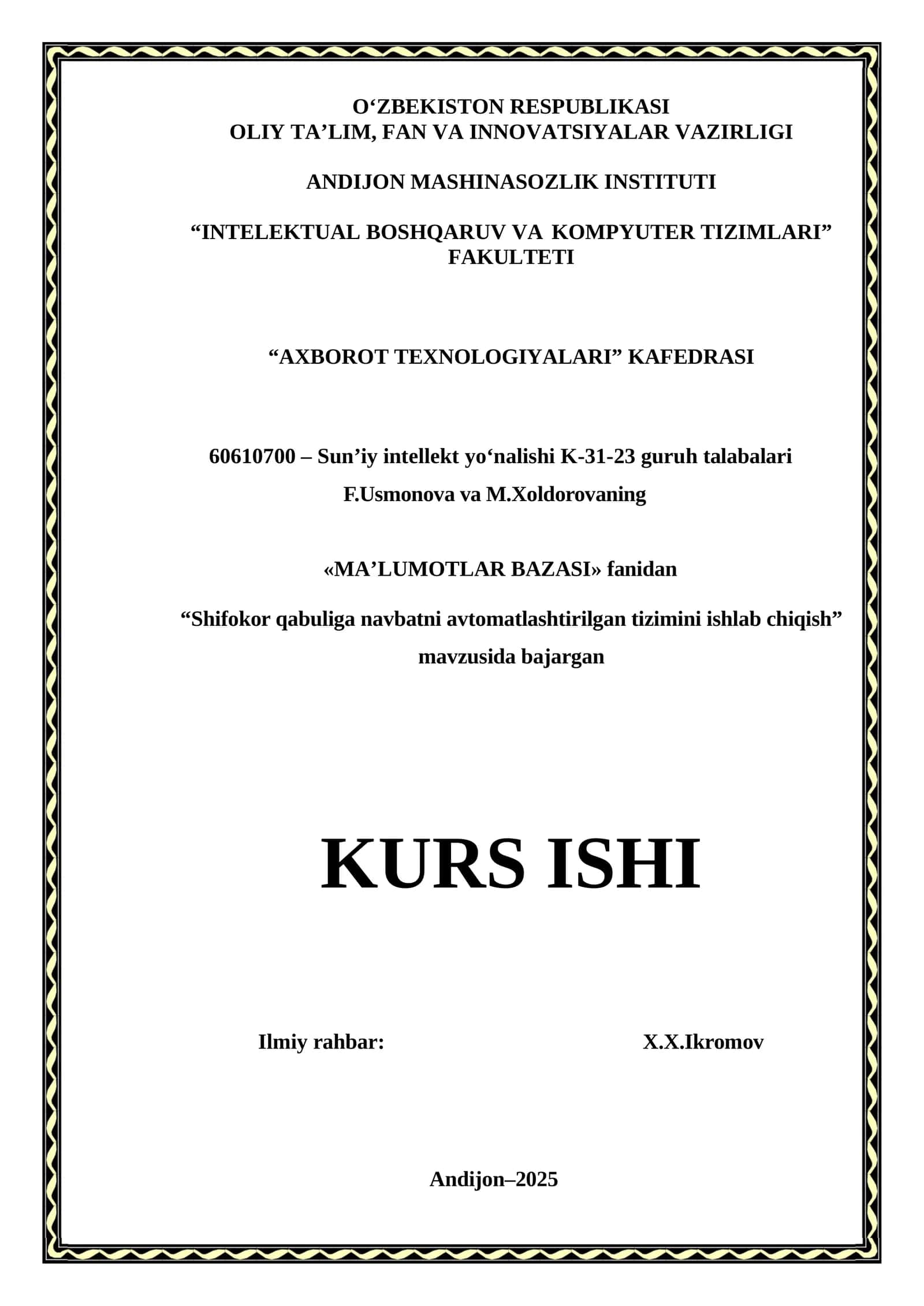Shifokor qabuliga navbatni avtomatlashtirilgan tizimini ishlab chiqish