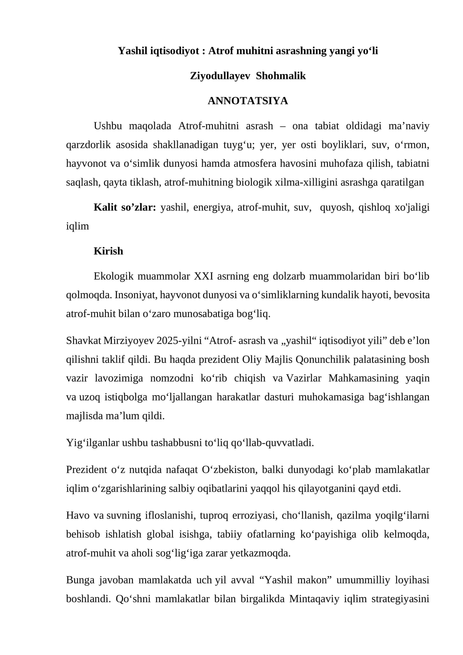 Yashil iqtisodiyot: Atrof muhitni asrashning yangi yoʻli