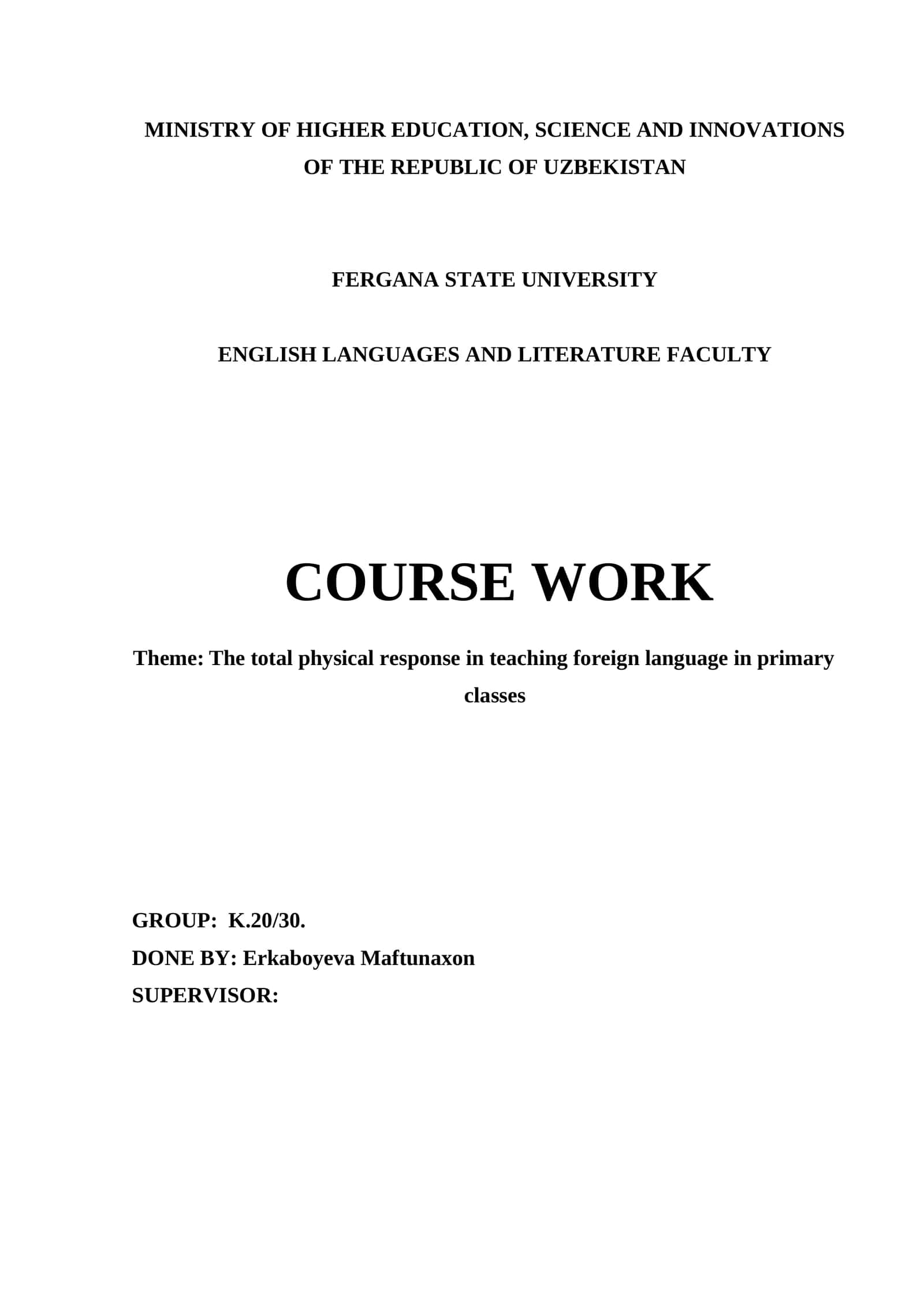 Course Work on Total Physical Response in Teaching Foreign Language in Primary Classes