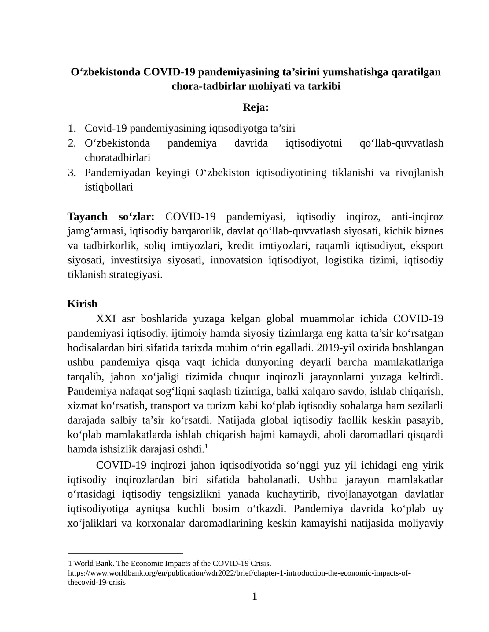 O‘zbekistonda COVID-19 pandemiyasining ta’sirini yumshatishga qaratilgan chora-tadbirlar mohiyati va tarkibi