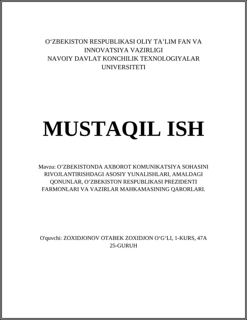 O‘zbekistonda Axborot Kommunikatsiya Sohasini Rivojlantirishdagi Asosiy Yunalishlari
