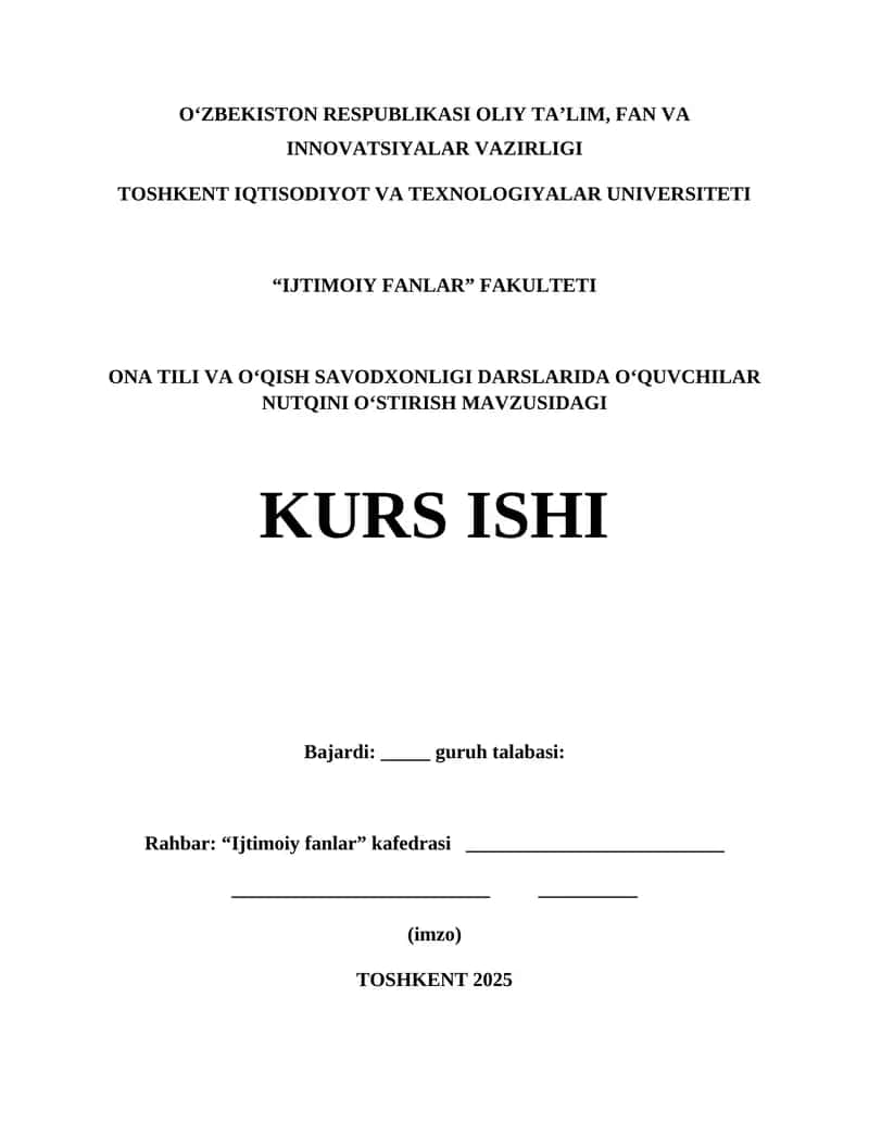 O'qish Savodxonligi Darslarida O'quvchilar Nutqini O'stirish Kurs Ishi