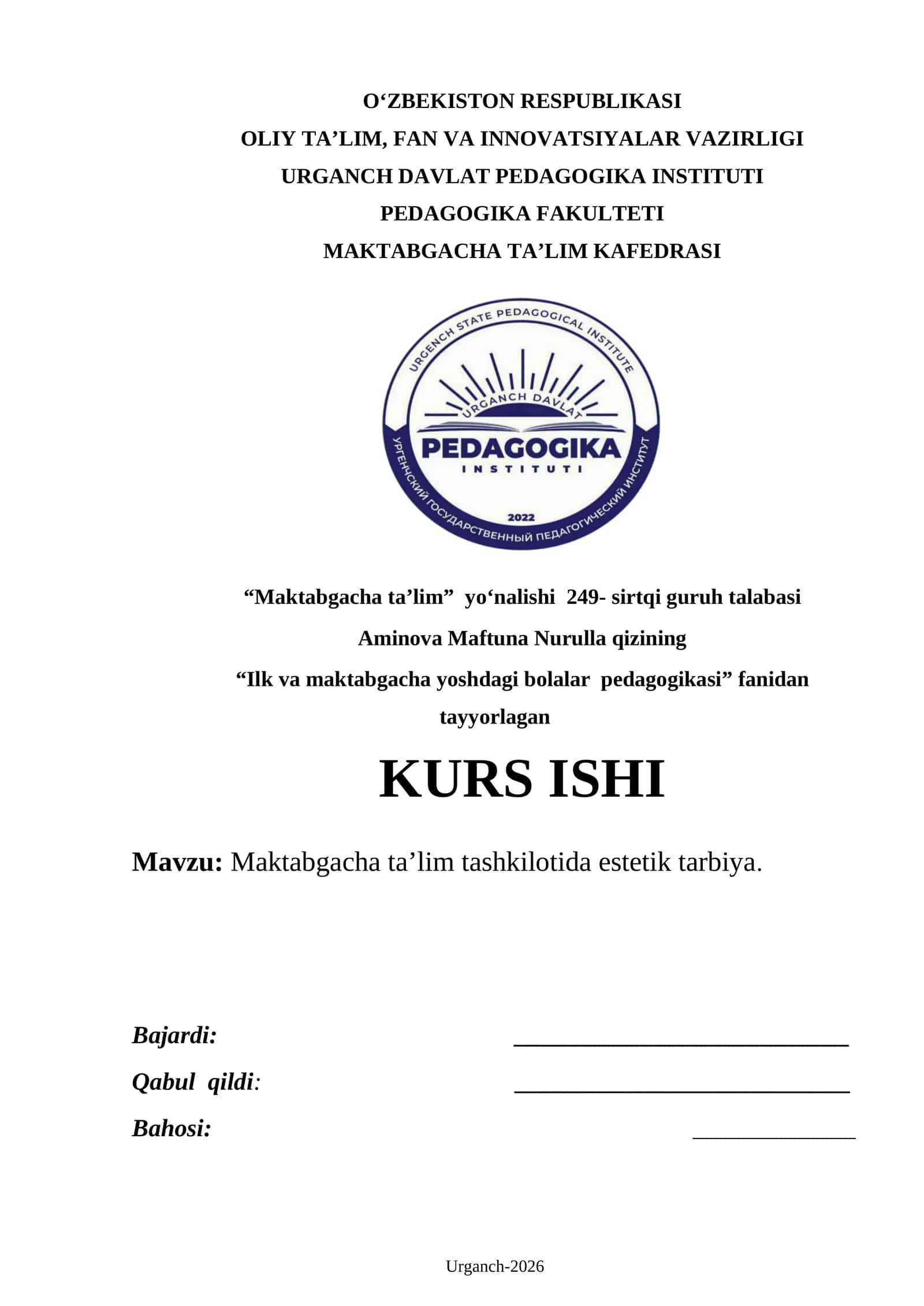 Maktabgacha ta’lim tashkilotida estetik tarbiya