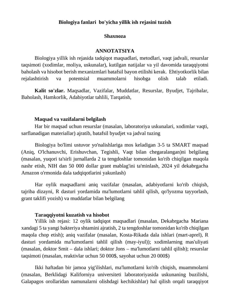 Biologiya fanlari bo'yicha yillik ish rejasini tuzish