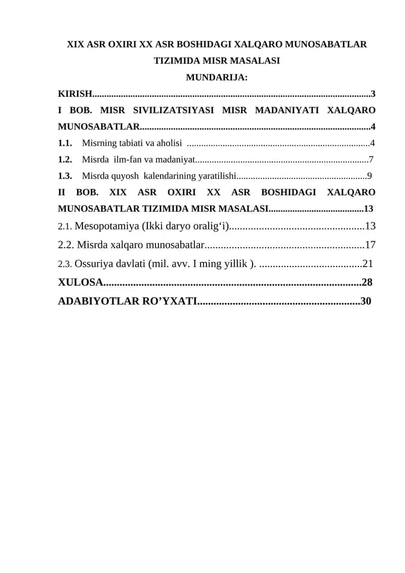 XIX ASR OXIRI XX ASR BOSHIDAGI XALQARO MUNOSABATLAR TIZIMIDA MISR MASALASI