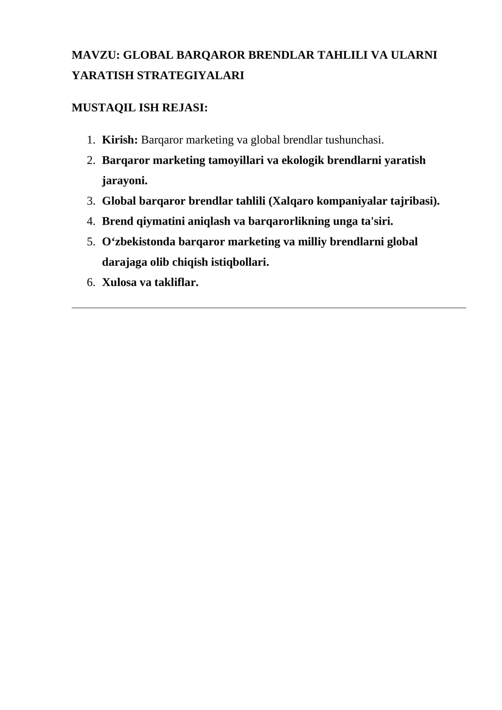 GLOBAL BARQAROR BRENDLAR TAHLILI VA ULARNI YARATISH STRATEGIYALARI