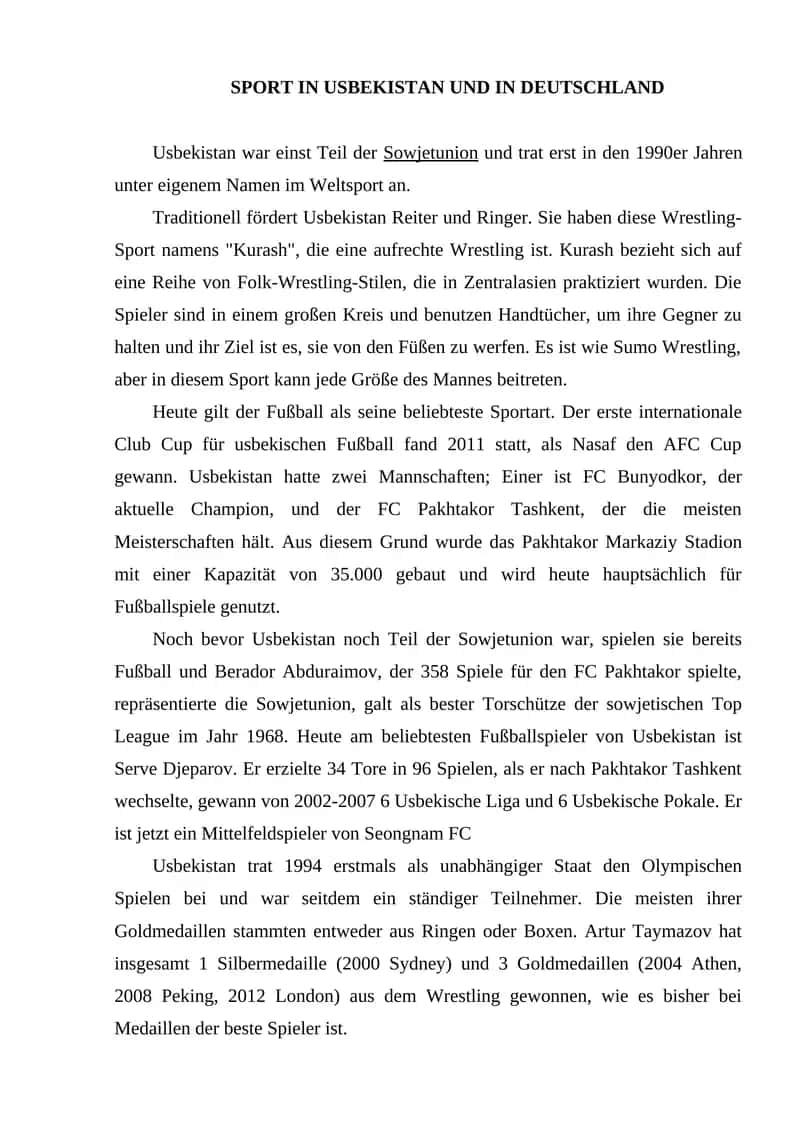 "SPORT IN USBEKISTAN UND IN DEUTSCHLAND"