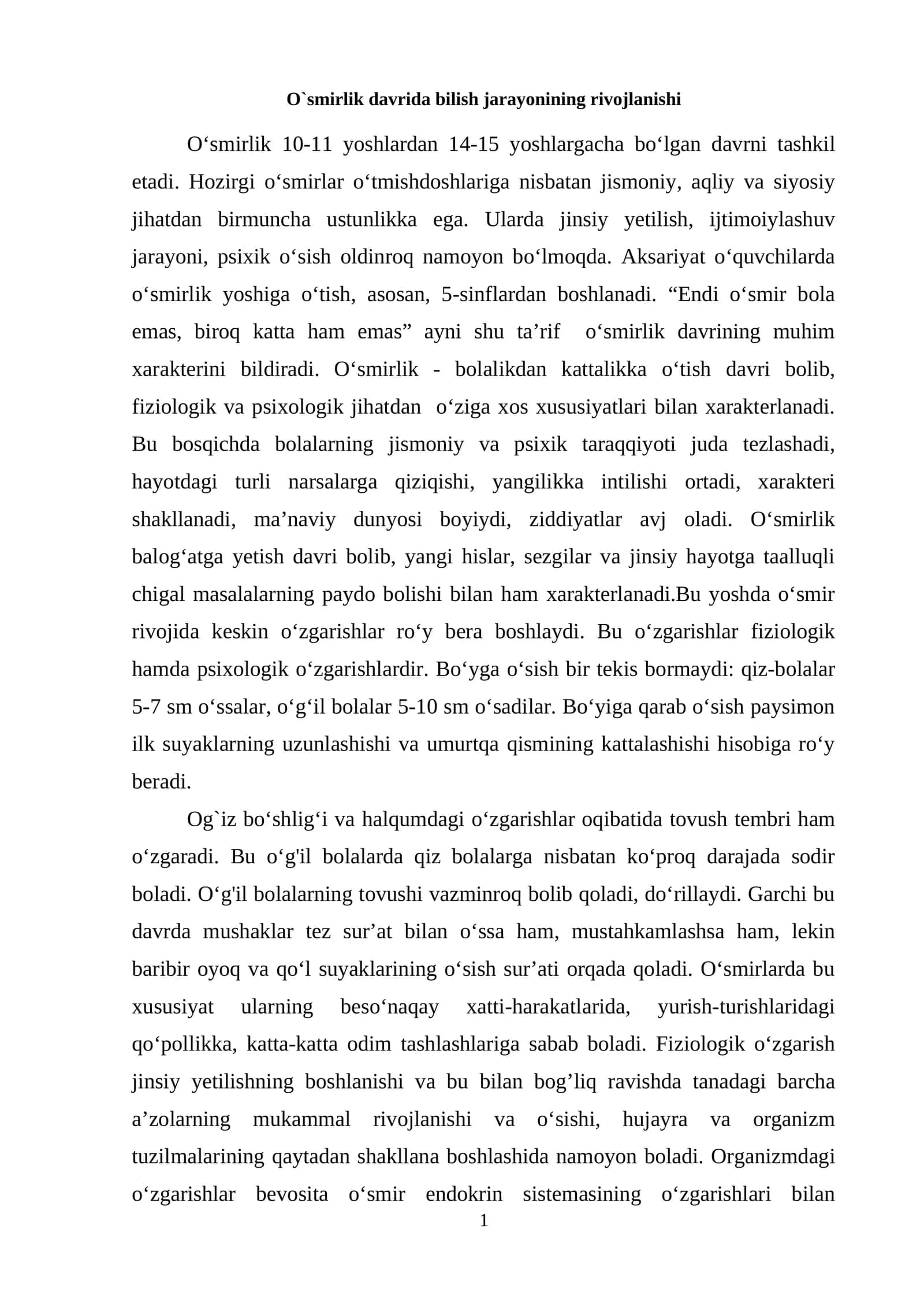 O`smirlik davrida bilish jarayonining rivojlanishi