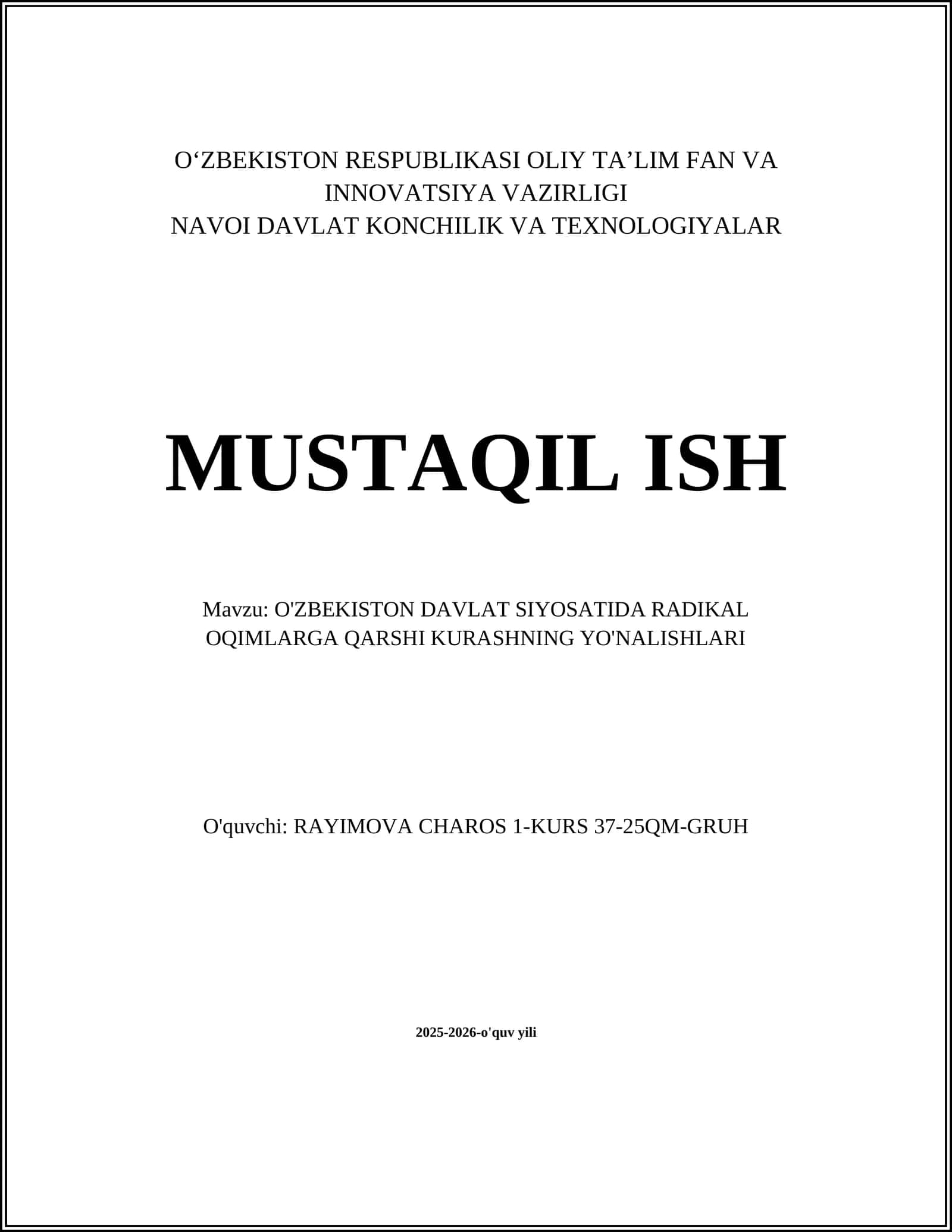 O'ZBEKISTON DAVLAT SIYOSATIDA RADIKAL OQIMLARGA QARSHI KURASHNING YO'NALISHLARI