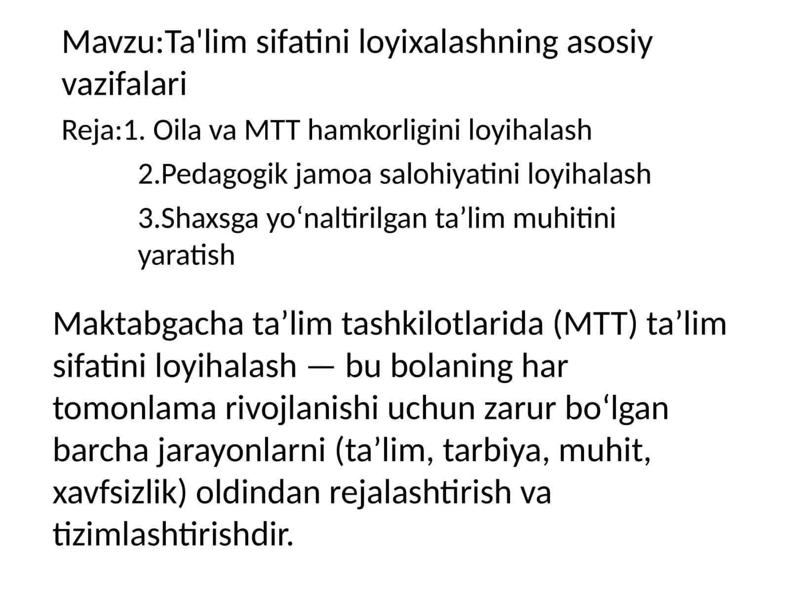 Ta'lim sifatini loyihalashning asosiy vazifalari