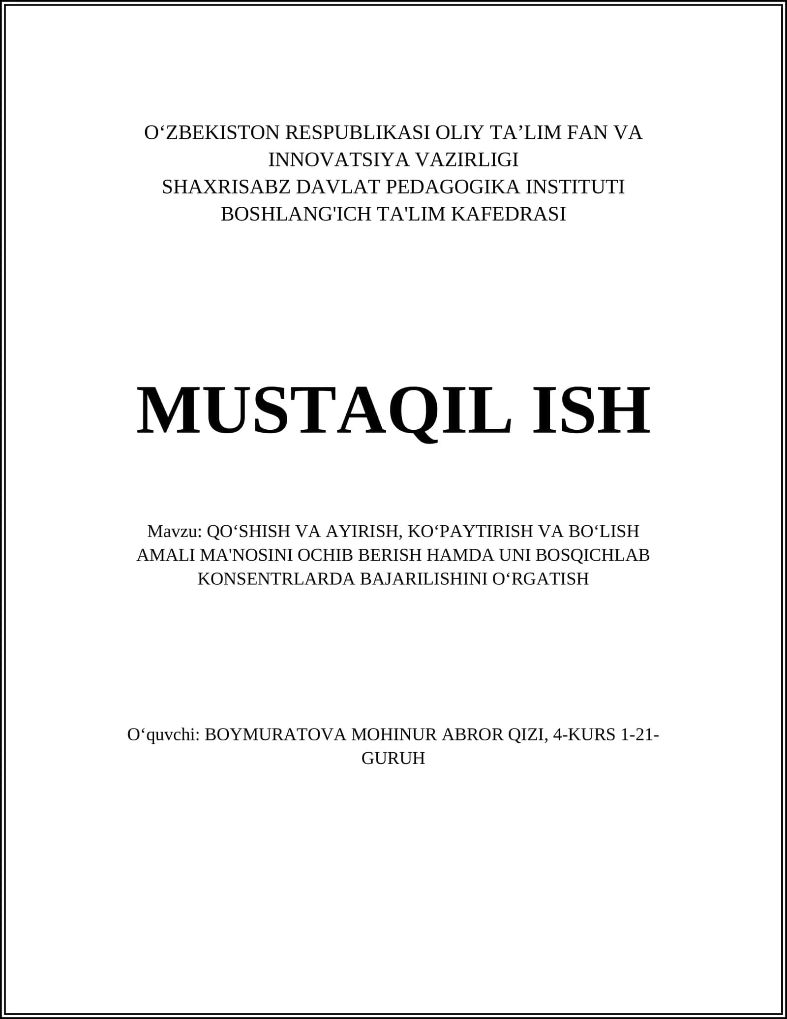 O‘ZBEKISTON RESPUBLIKASI OLIY TA’LIM FAN VA INNOVATSIYA VAZIRLIGI