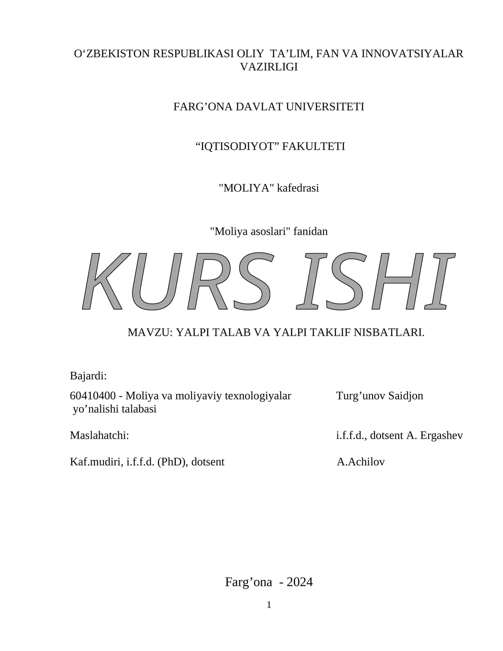 YALPI TALAB VA YALPI TAKLIF NISBATLARI