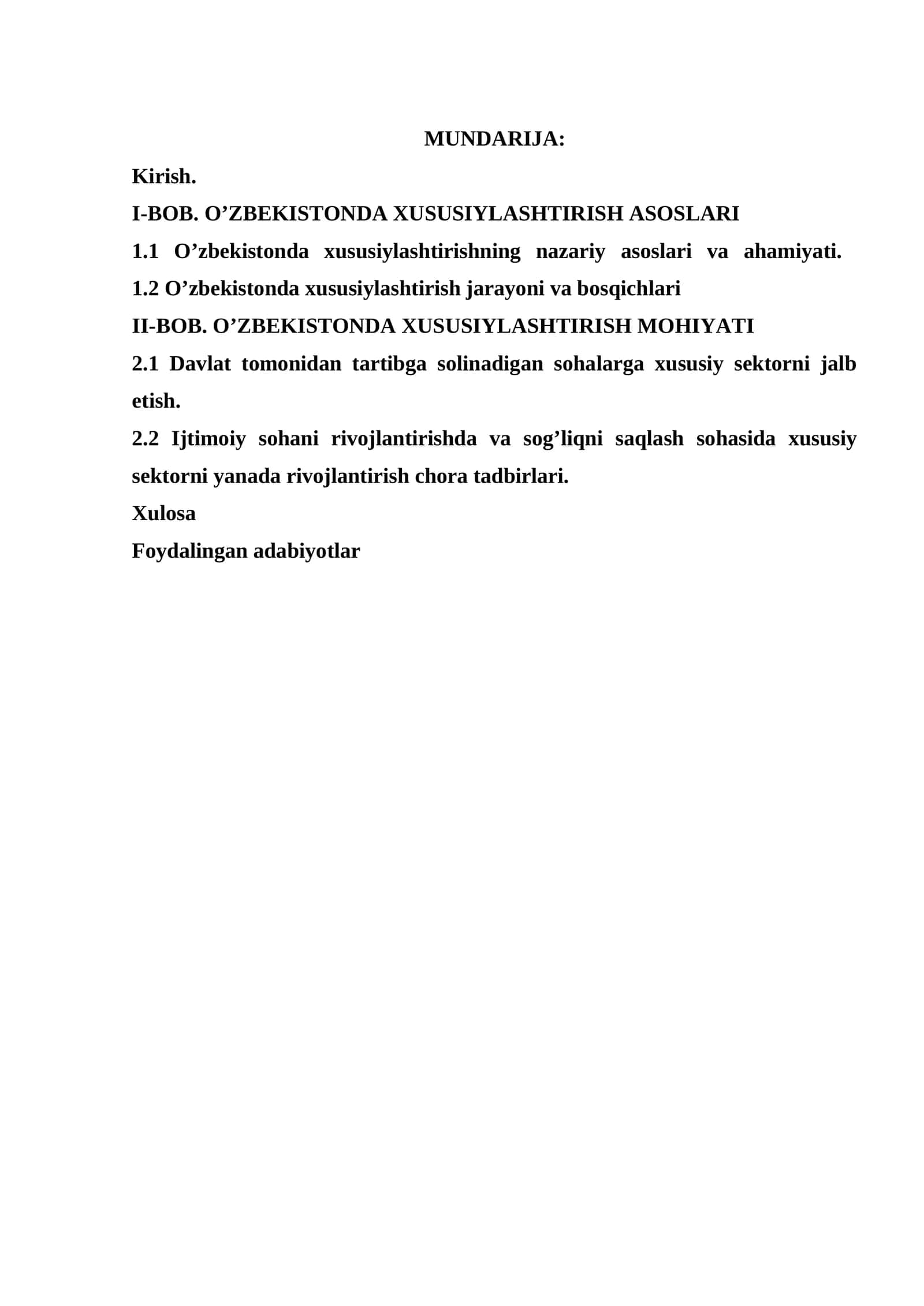 O’ZBEKISTONDA XUSUSIYLASHTIRISH ASOSLARI VA MOHIYATI