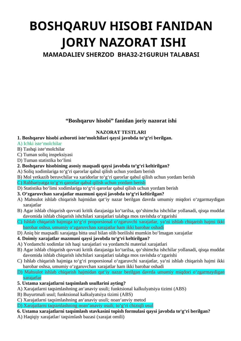 BOSHQARUV HISOBI FANIDAN JORIY NAZORAT ISHI