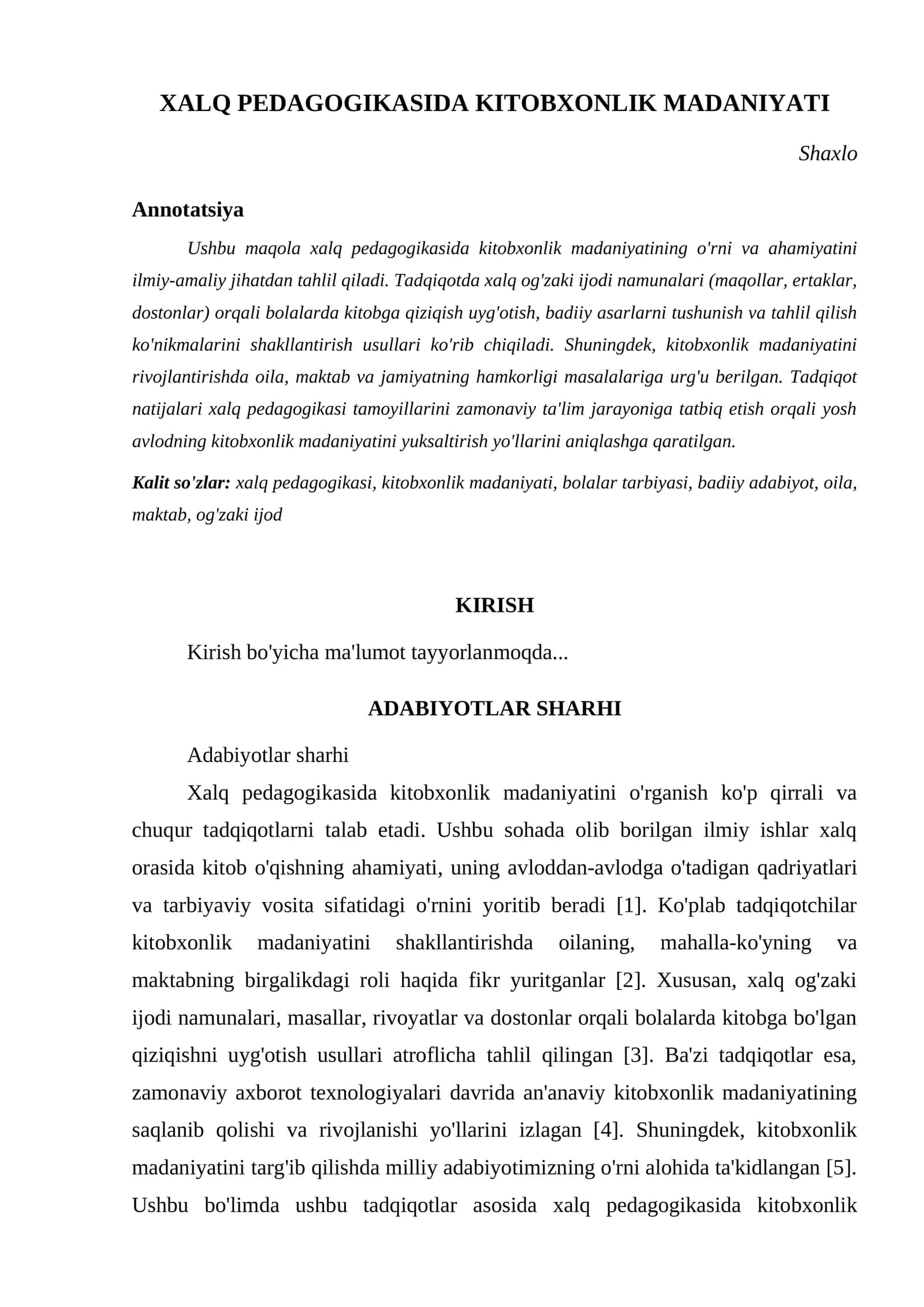 XALQ PEDAGOGIKASIDA KITOBXONLIK MADANIYATI