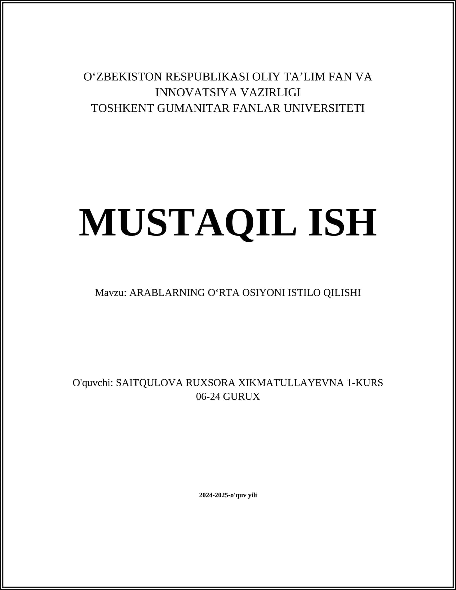 АRABLARNING OʻRTA OSIYONI ISTILO QILISHI
