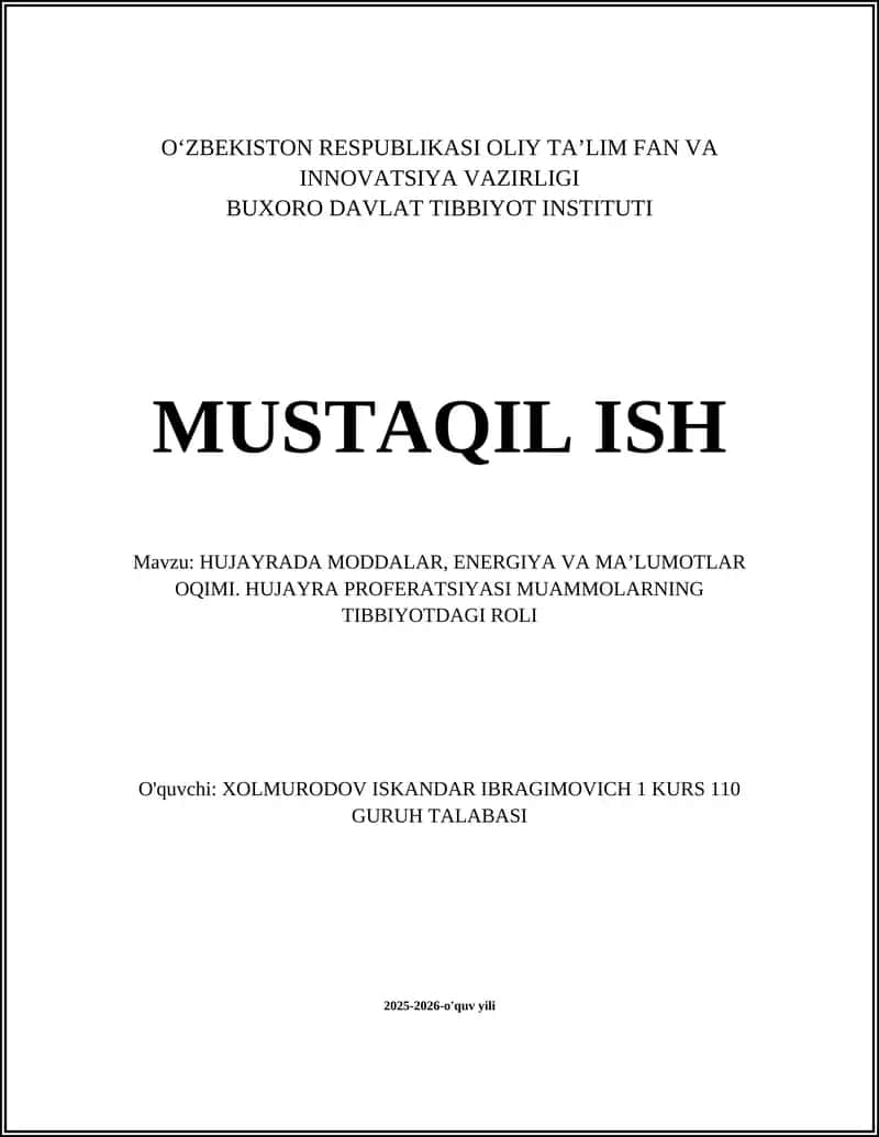 Hujayrada Moddalar, Energiya va Ma'lumotlar Oqimi