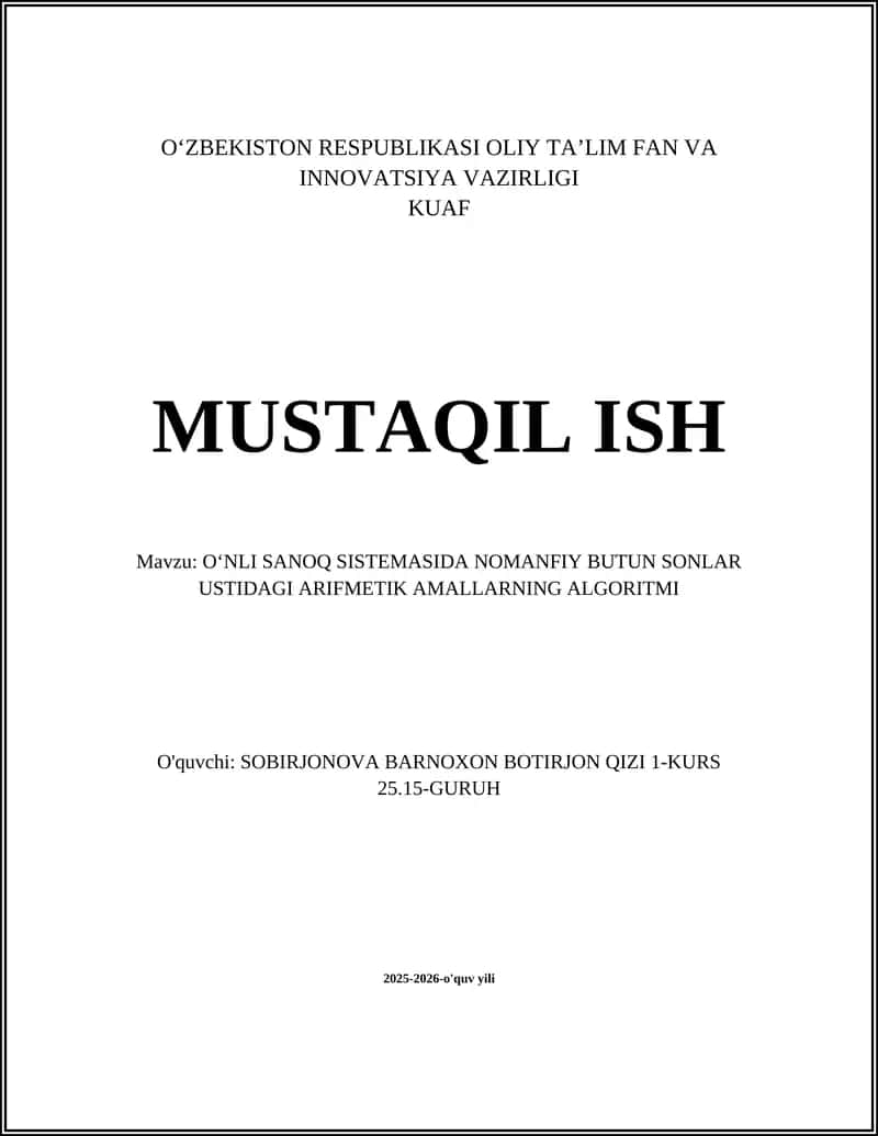 O'NLI SANOQ SISTEMASIDA NOMANFIY BUTUN SONLAR USTIDAGI ARIFMETIK AMALLARNING ALGORITMI