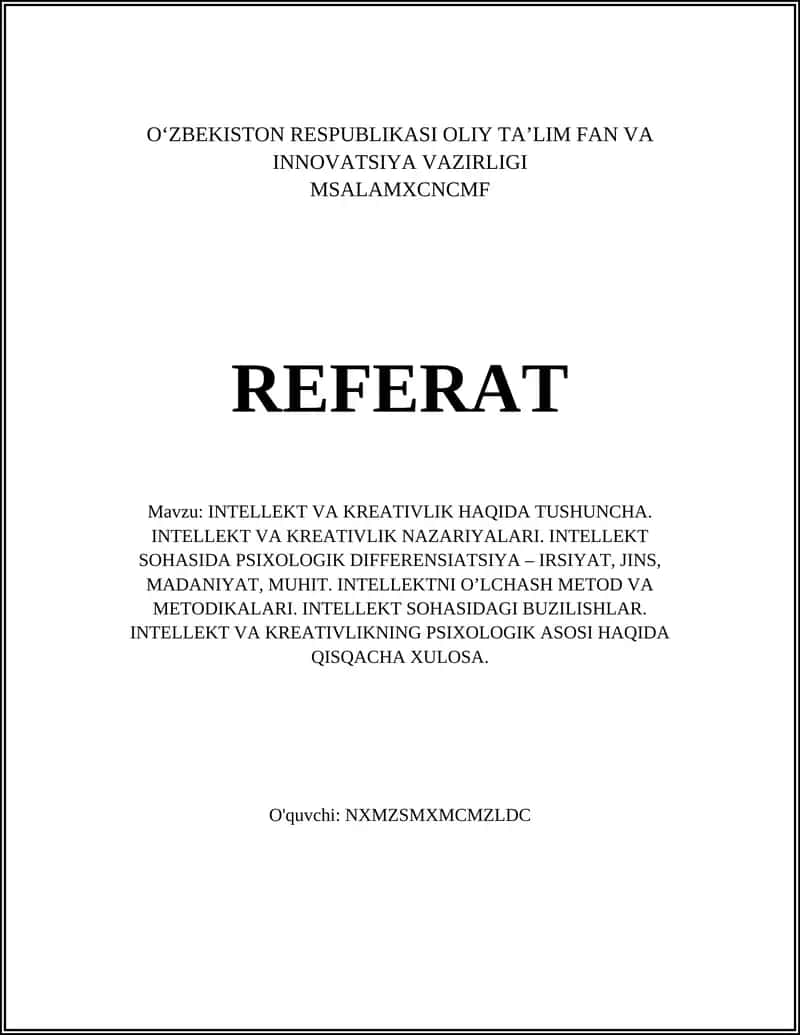 INTELLEKT VA KREATIVLIK HAQIDA TUSHUNCHA