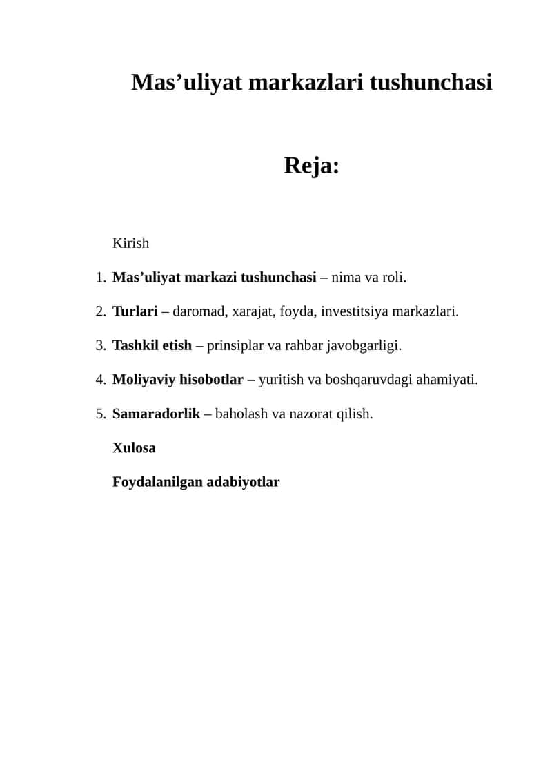Mas’uliyat markazlari tushunchasi