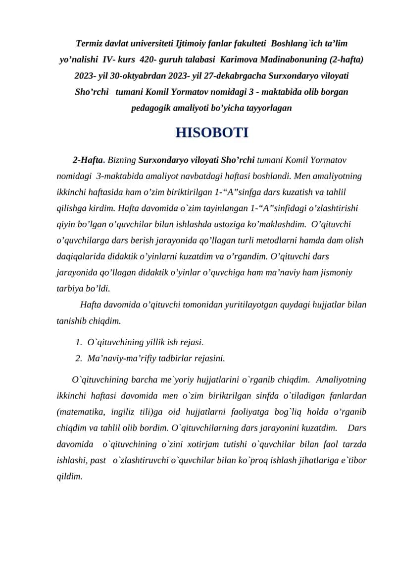 Karimova Madinabonuning Pedagogik Amaliyoti